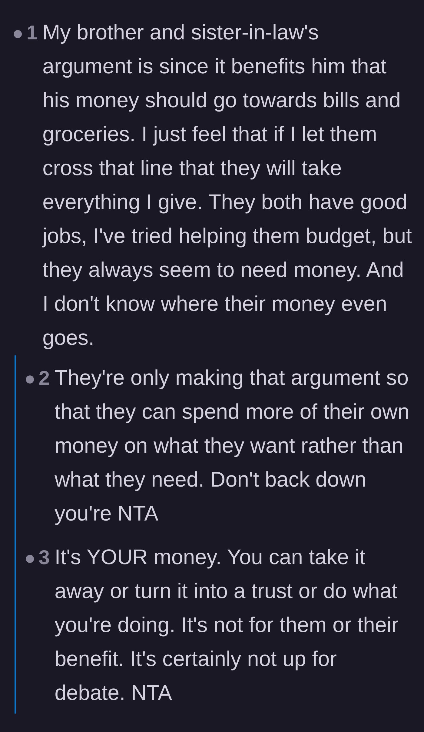 Comment thread 2 - Discussion on how the parents' household argument is just a smokescreen to fund their own wants.
