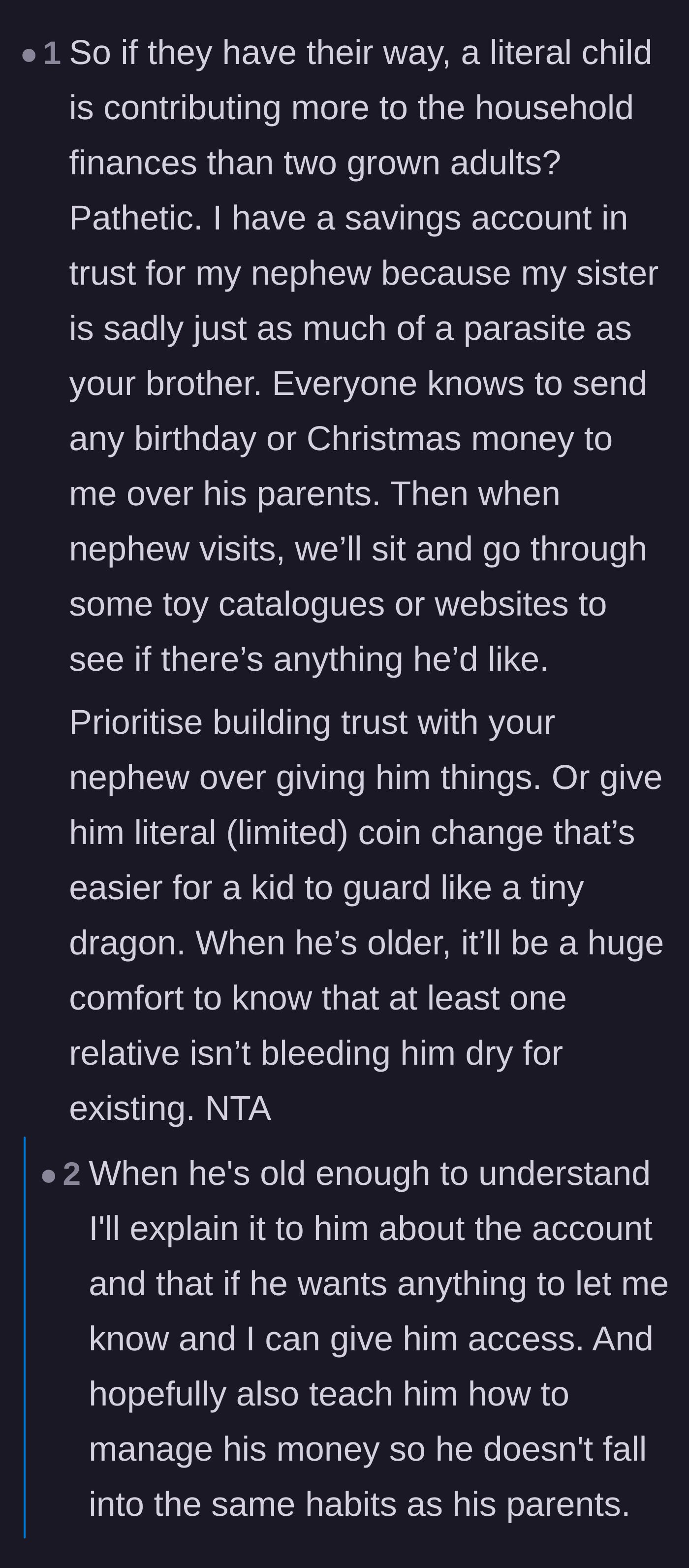 Comment thread 4 - Outrage over a toddler contributing to household finances and warnings about future financial extortion.