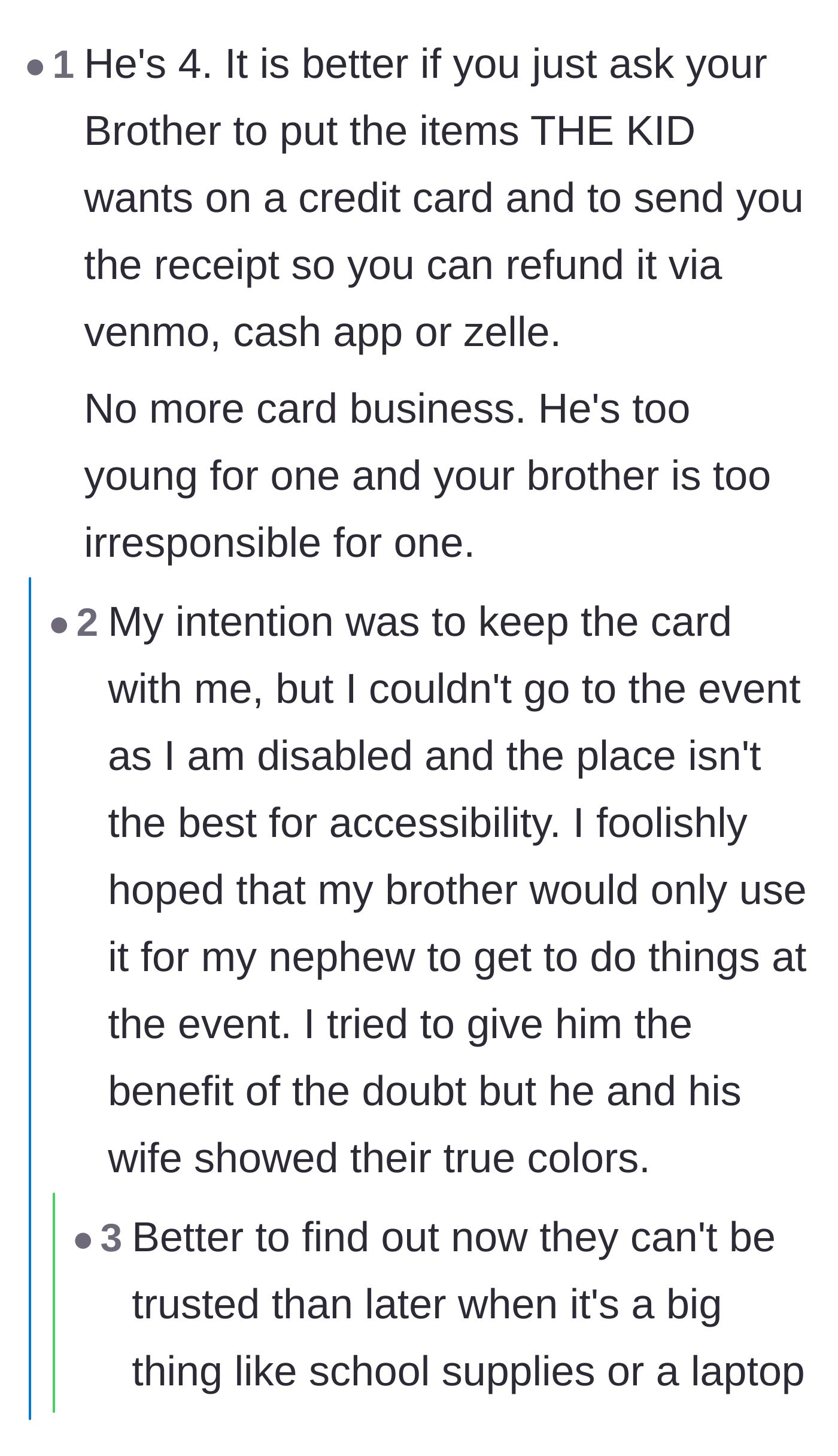 Comment thread 6 - Advice on using a strict reimbursement system instead of handing over a physical card.