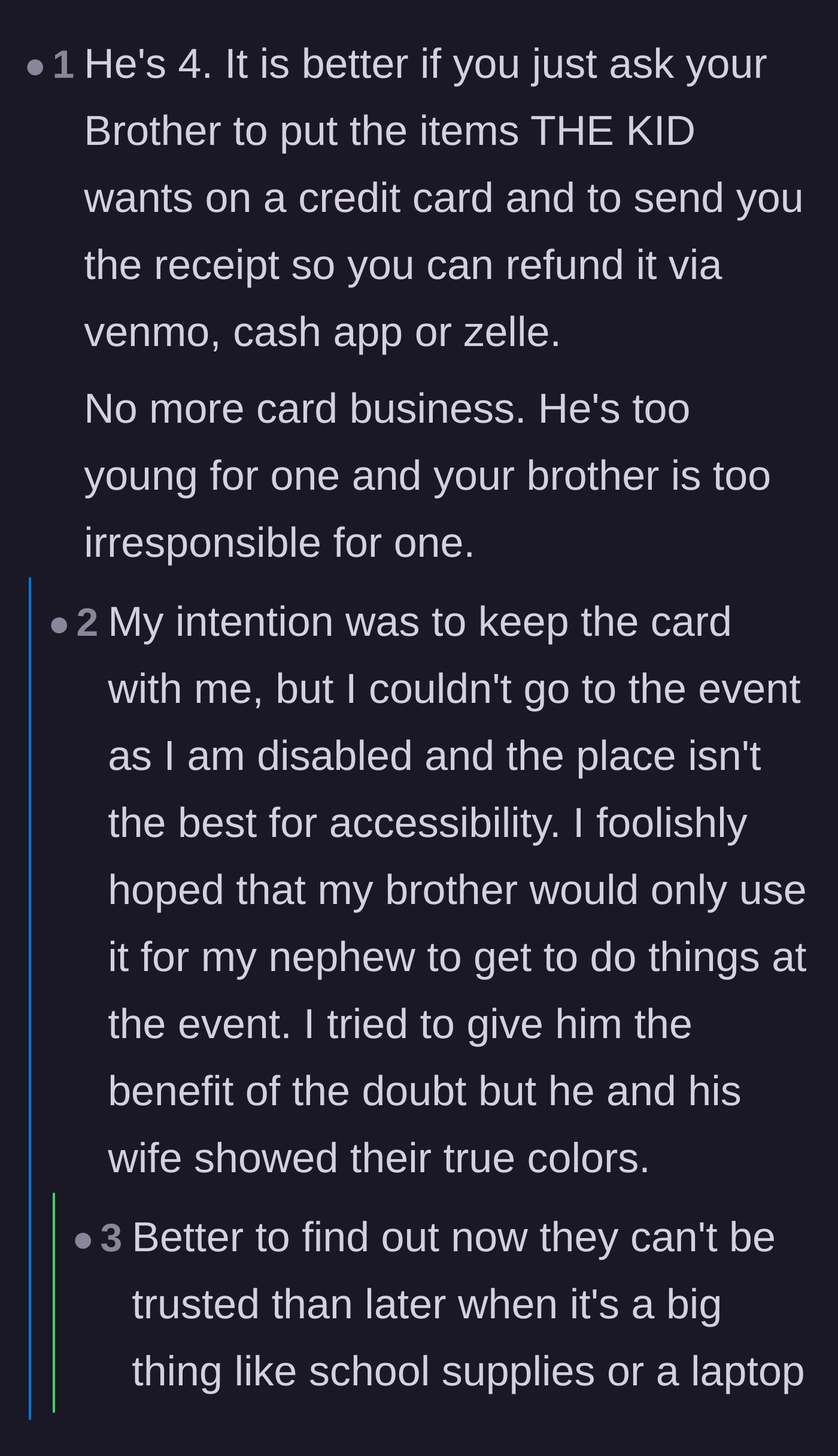 Comment thread 6 - Advice on using a strict reimbursement system instead of handing over a physical card.
