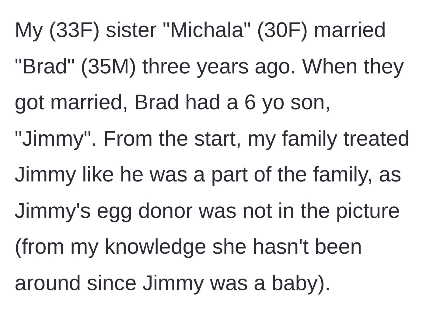 Story part 1 - Aunt explains how her family welcomed her brother-in-law's young son after his biological mother disappeared.