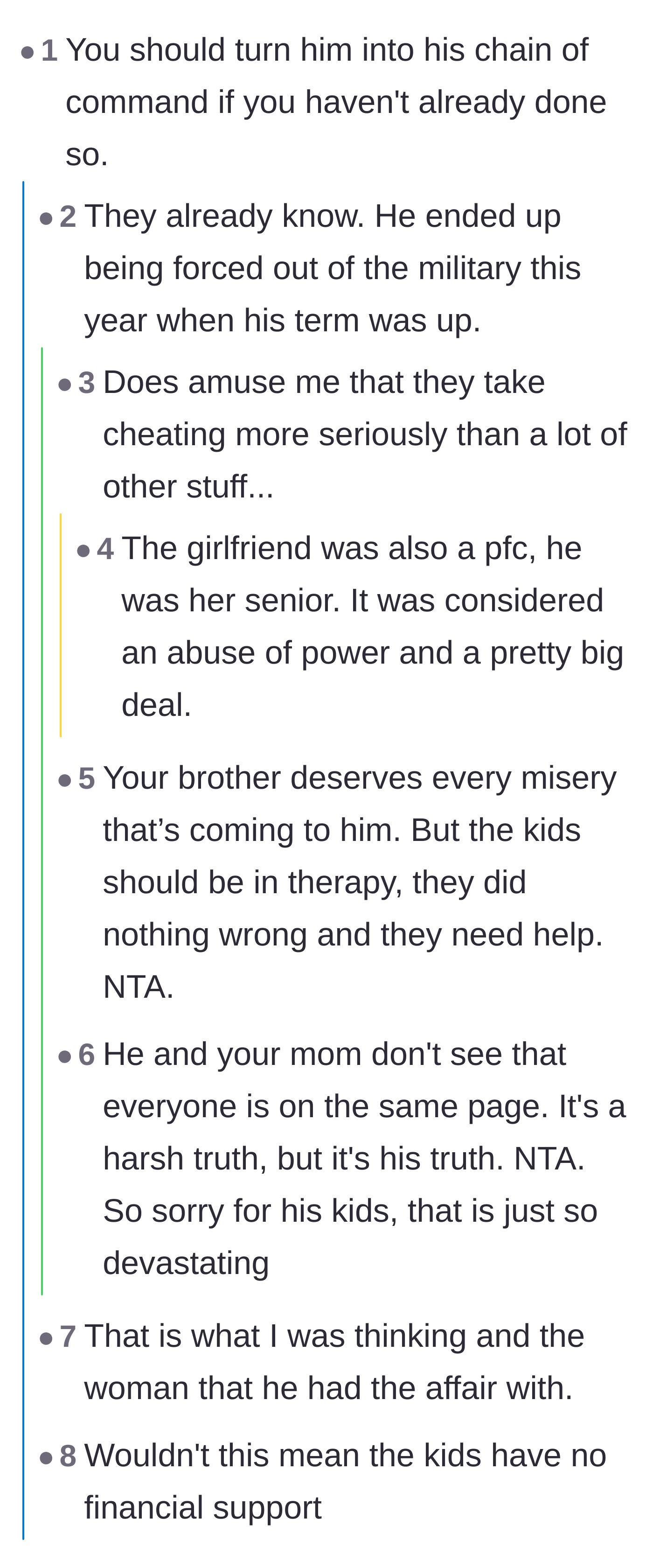 Comment thread 2 - A discussion about the brother's military consequences and his ultimate discharge for abuse of power.
