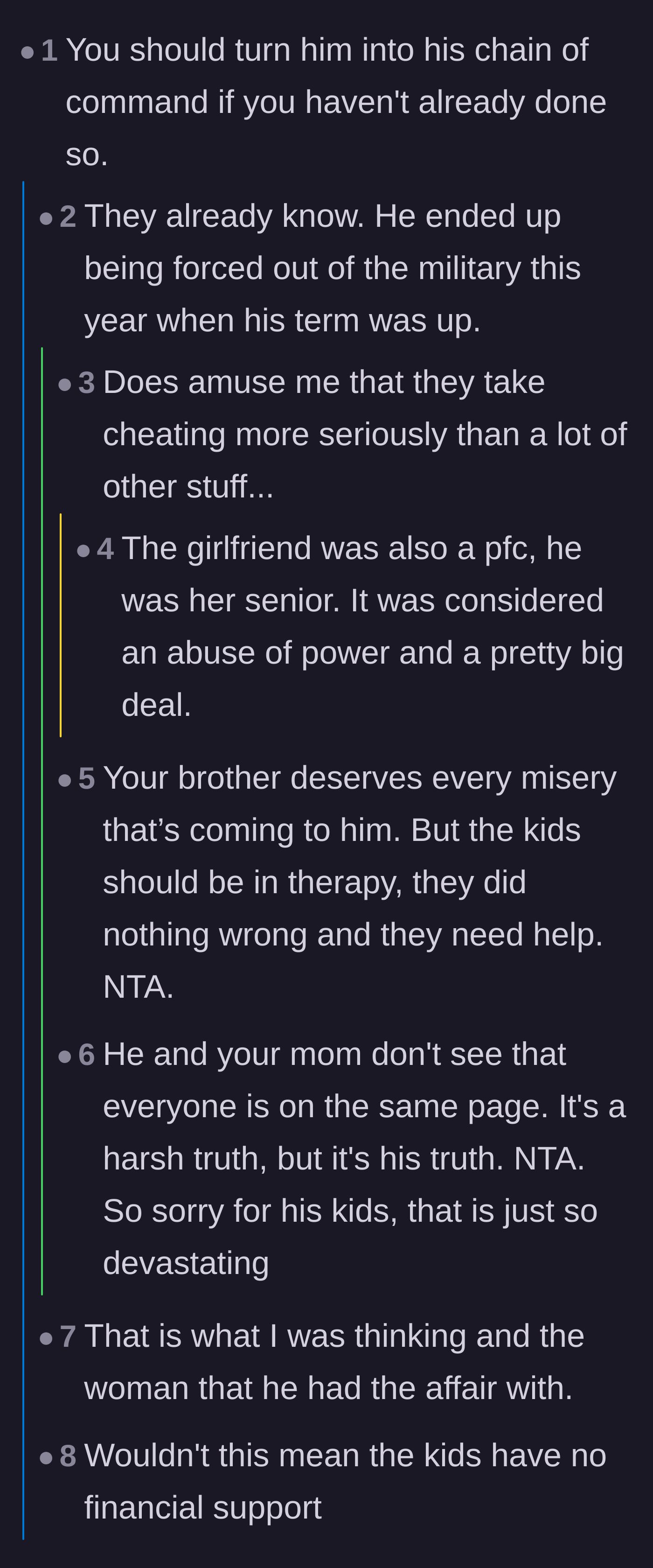 Comment thread 2 - A discussion about the brother's military consequences and his ultimate discharge for abuse of power.