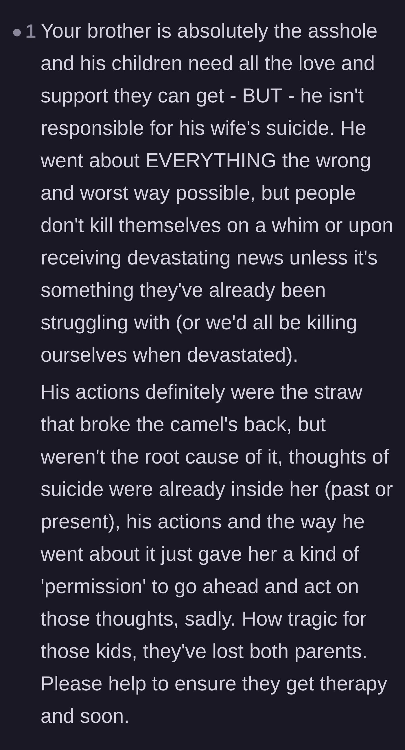 Comment thread 5 - A nuanced take explaining that the husband's betrayal was the tragic breaking point, not the sole cause, of her passing.