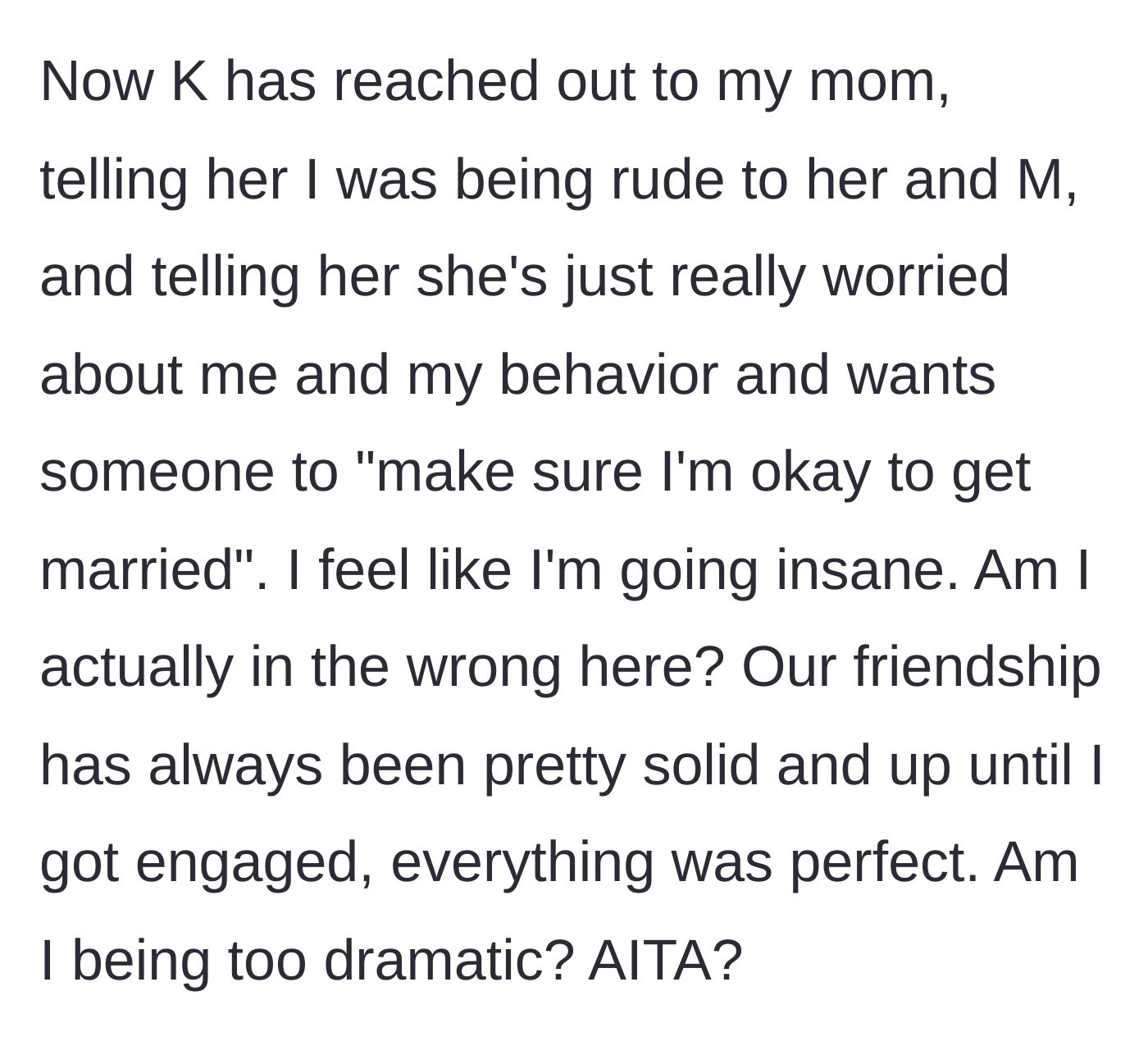 Story part 5 - The toxic friend contacts the bride's mother to fake concern about her mental state before the wedding.