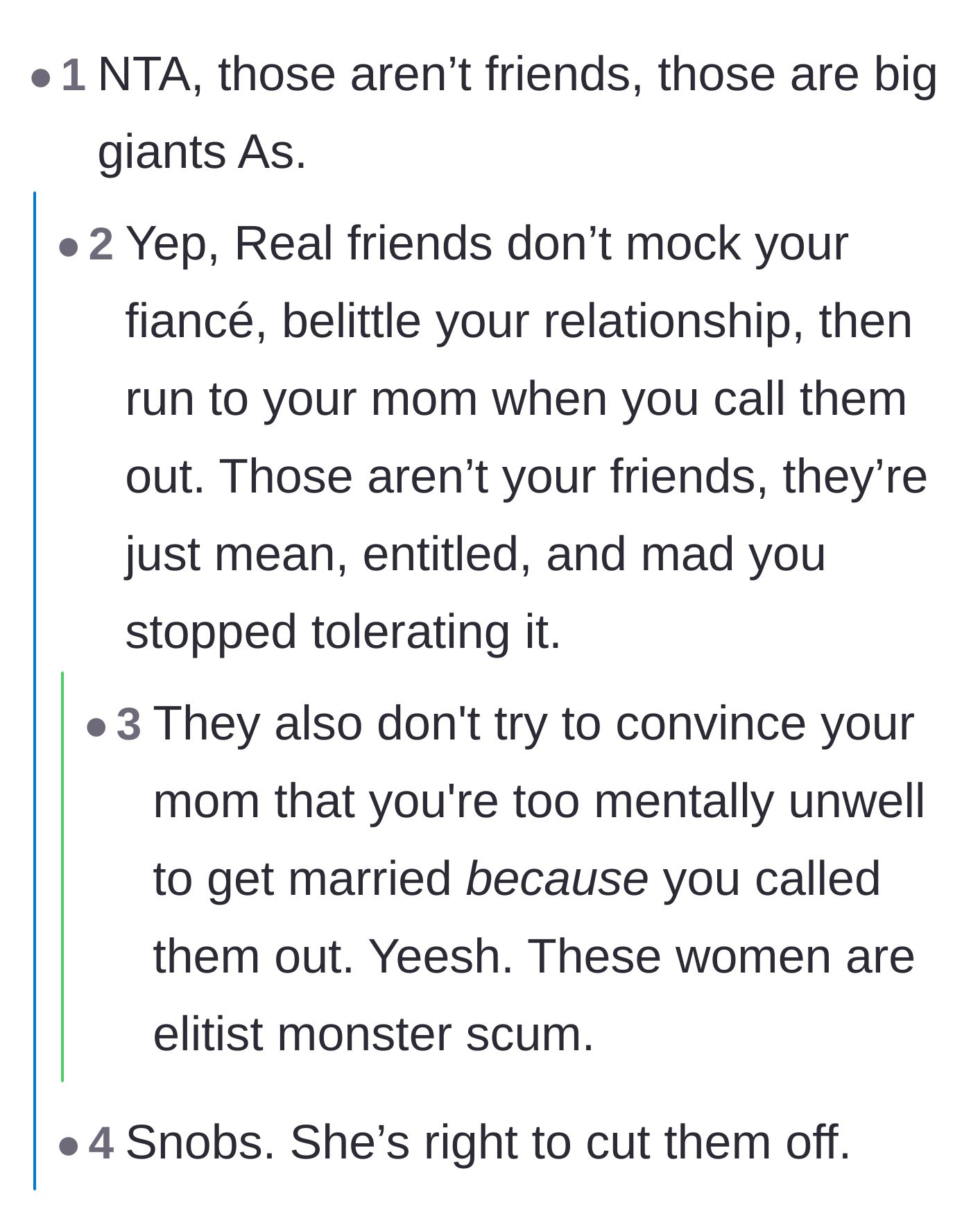 Comment thread 1 - Readers calling out the friends' elitist behavior and manipulation of the bride's mother.