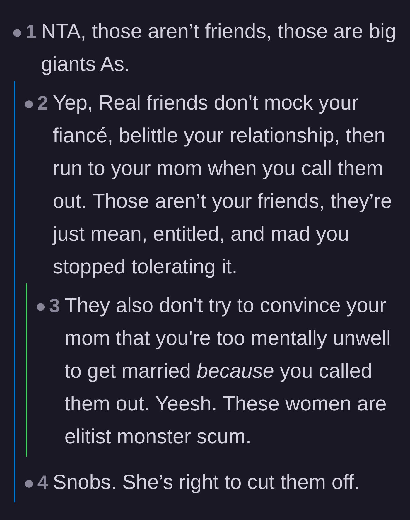 Comment thread 1 - Readers calling out the friends' elitist behavior and manipulation of the bride's mother.