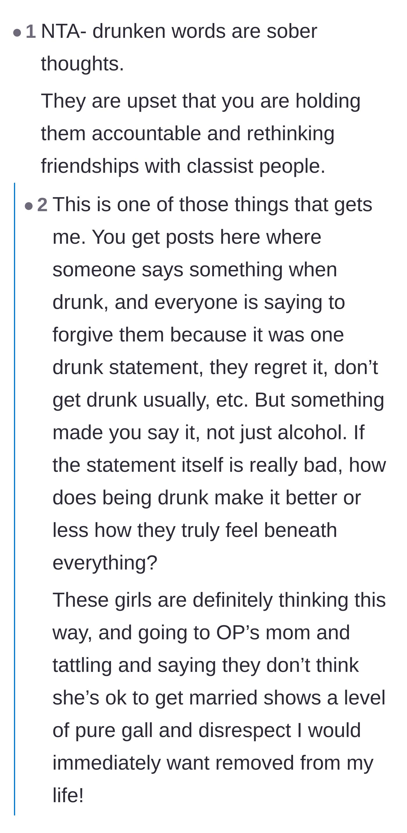 Comment thread 4 - A discussion about how being drunk does not excuse classist comments and actually reveals true feelings.