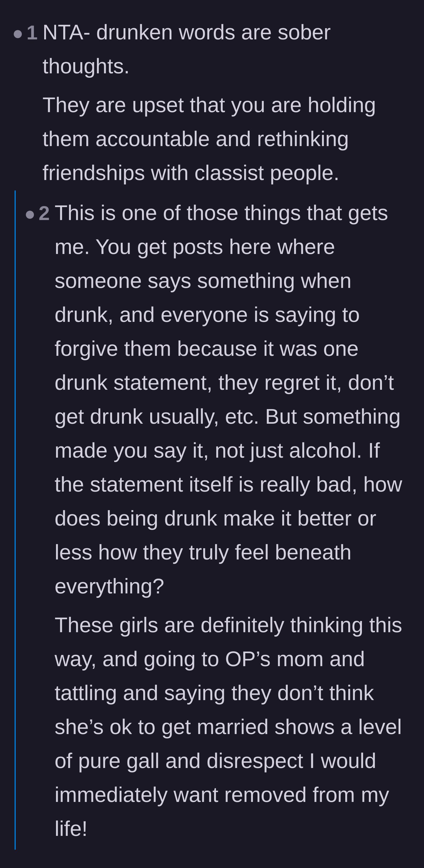 Comment thread 4 - A discussion about how being drunk does not excuse classist comments and actually reveals true feelings.