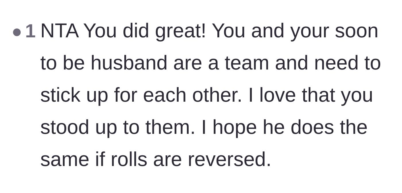 Comment thread 6 - Praise for the bride protecting her fiancé and acting as a strong, united team.