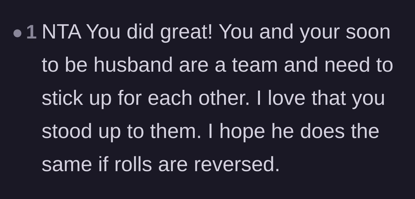 Comment thread 6 - Praise for the bride protecting her fiancé and acting as a strong, united team.