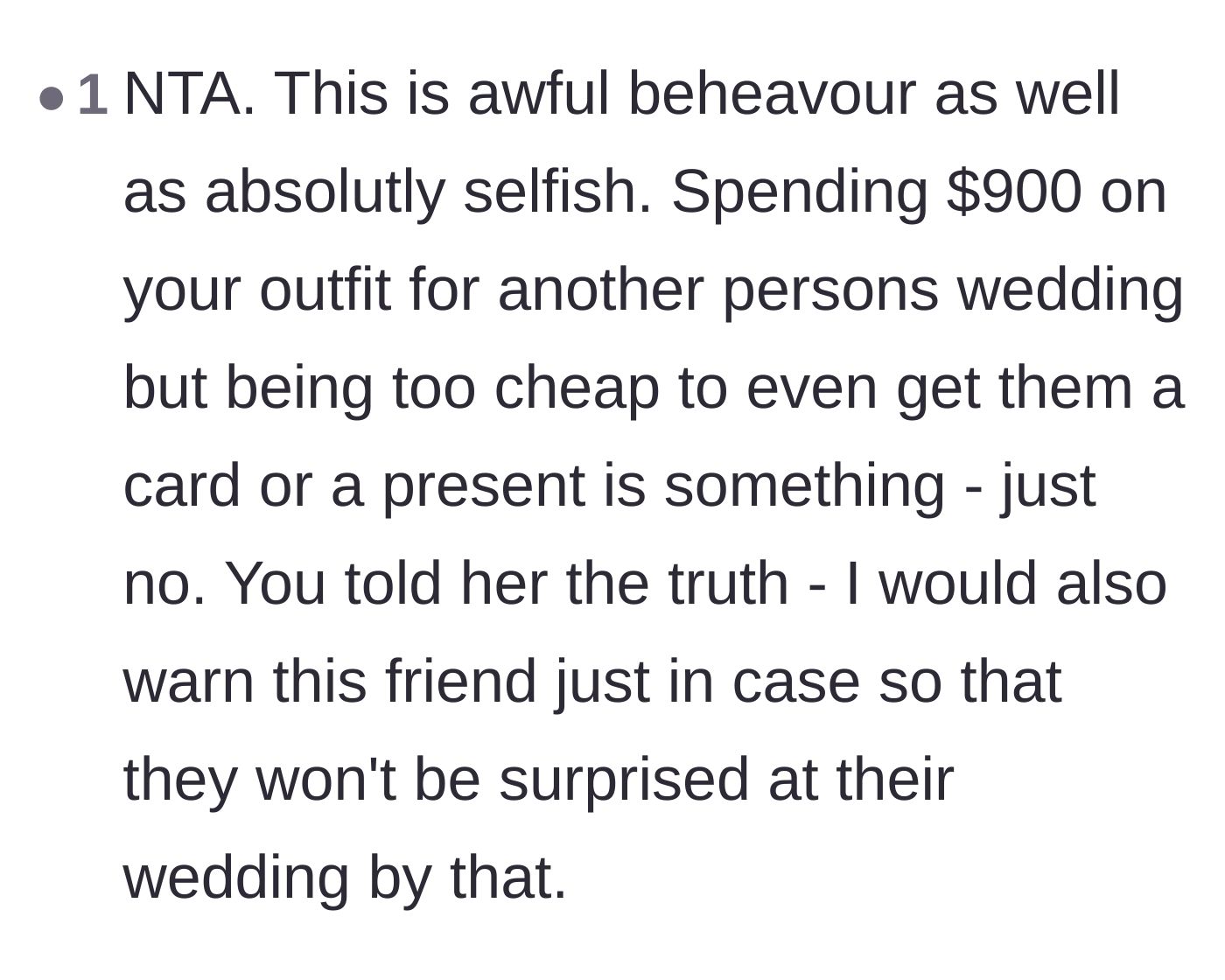 Comment thread 2 - A user calling out the selfishness of spending $900 on an outfit while refusing to buy a wedding card.