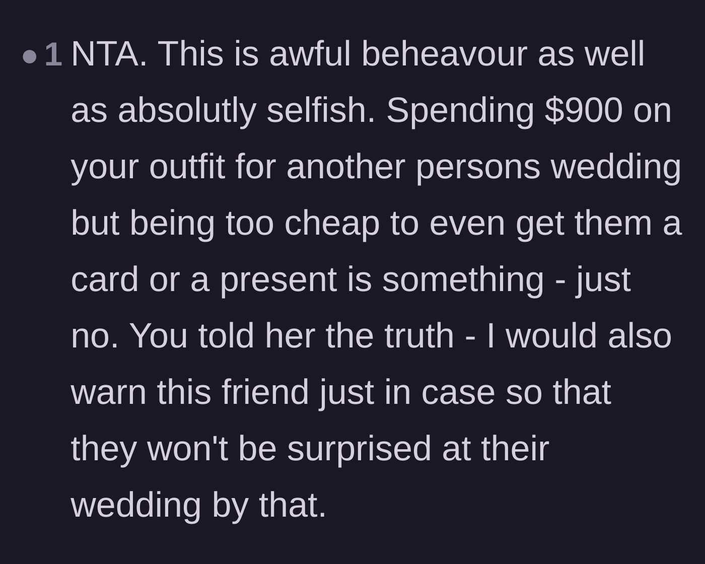 Comment thread 2 - A user calling out the selfishness of spending $900 on an outfit while refusing to buy a wedding card.