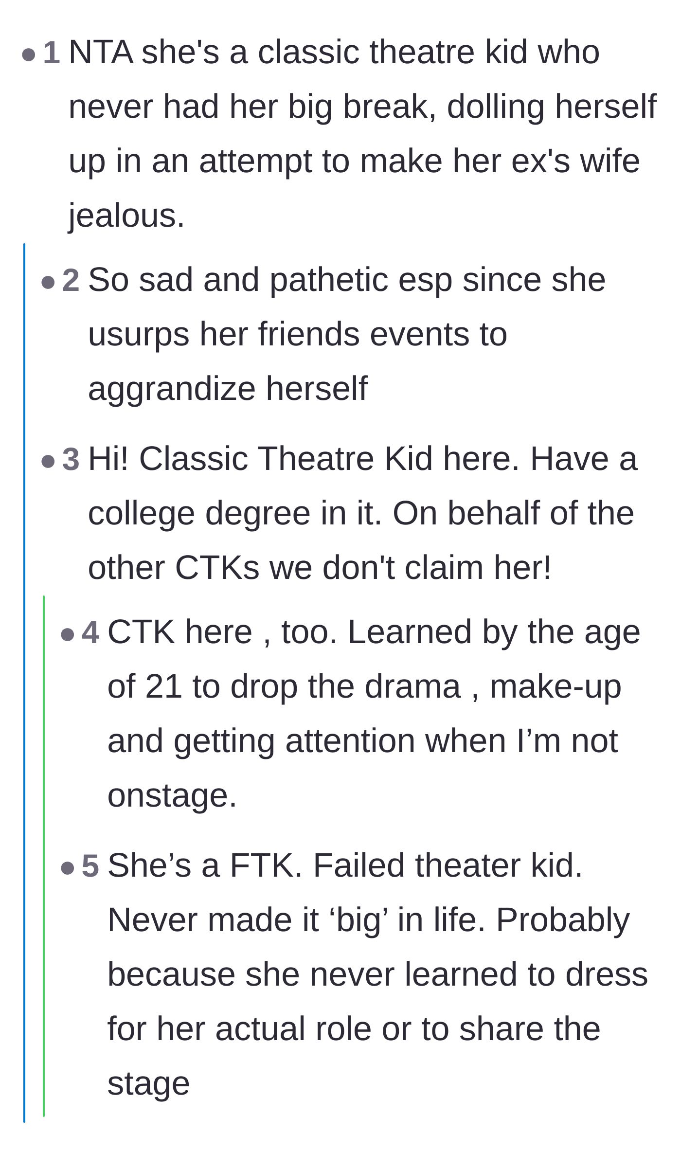 Comment thread 3 - Actual theater kids chiming in to disown the friend and labeling her a failed theater kid.