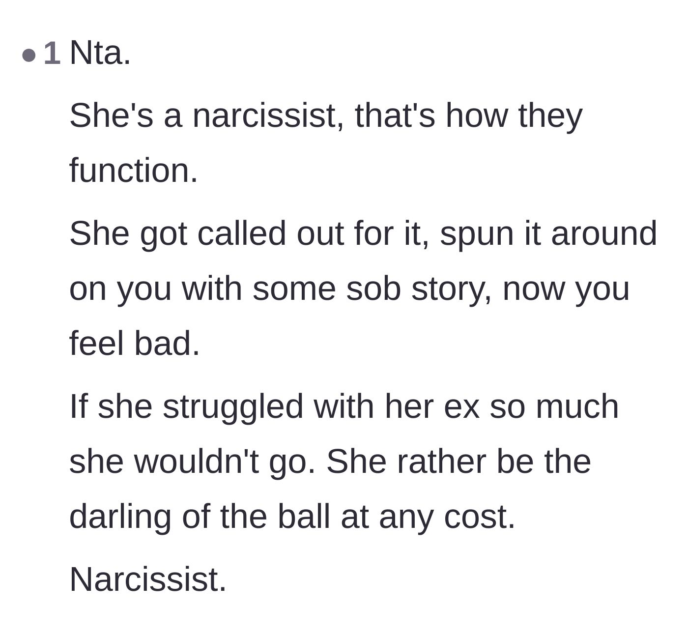 Comment thread 4 - A reader analyzing the friend's manipulation tactics and calling out her narcissistic sob story.