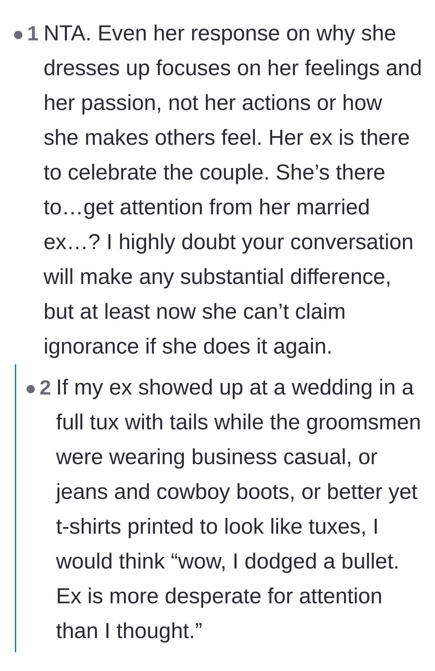 Comment thread 5 - A discussion pointing out that overdressing for an ex only makes her look desperate and proves he dodged a bullet.