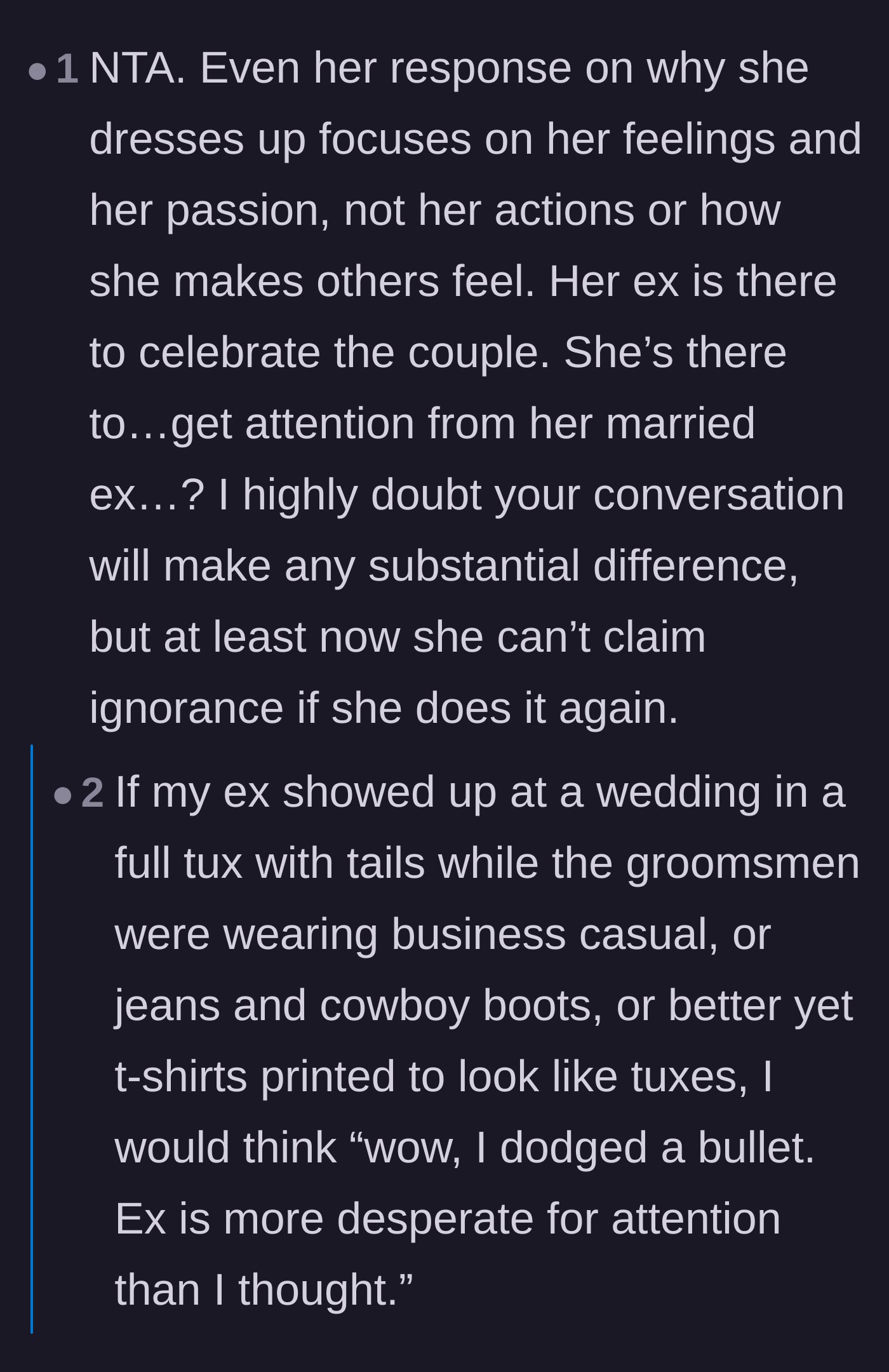 Comment thread 5 - A discussion pointing out that overdressing for an ex only makes her look desperate and proves he dodged a bullet.