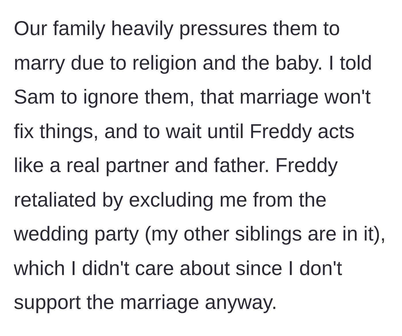 Story part 5 - The brother advises his sister against getting married, prompting the boyfriend to kick him out of the bridal party.