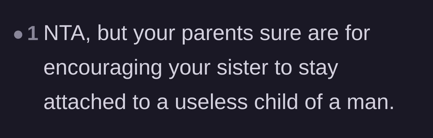 Comment thread 4 - Calling out the parents for encouraging the sister to stay with a useless man