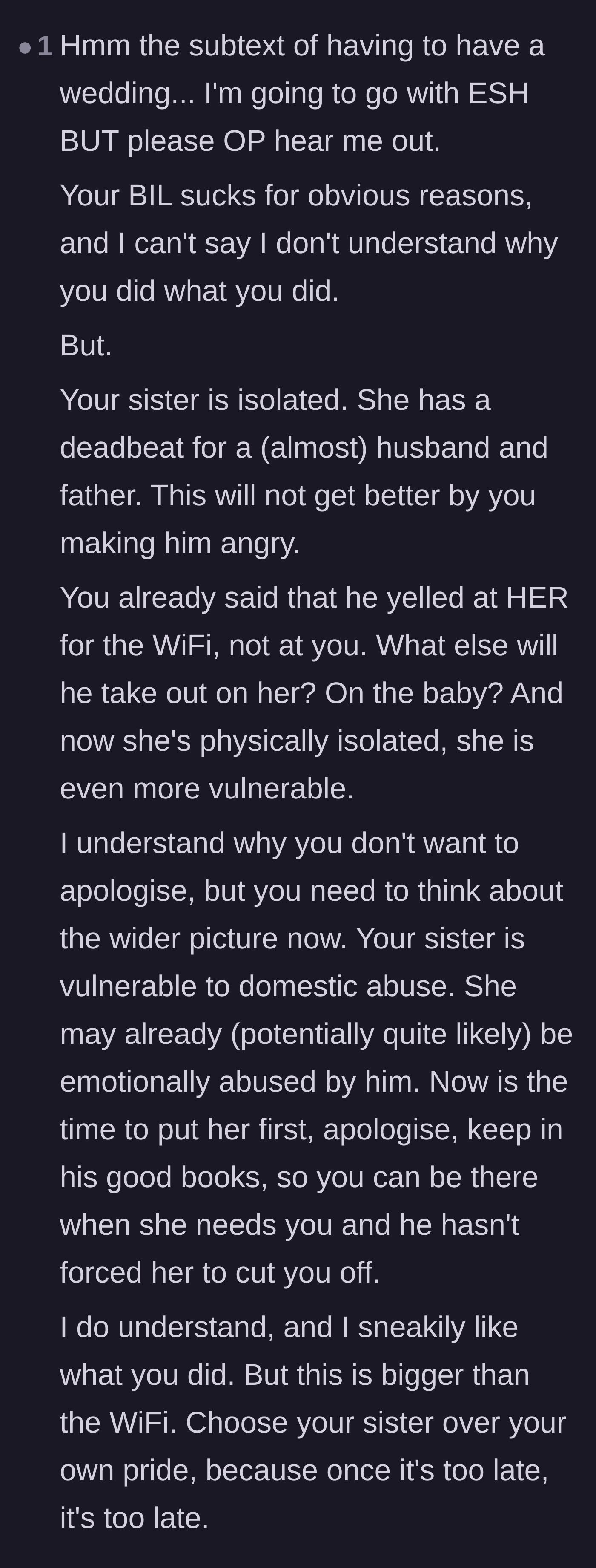 Comment thread 6 - Warning that the brother needs to swallow his pride and apologize to stay in his sister's life and protect her