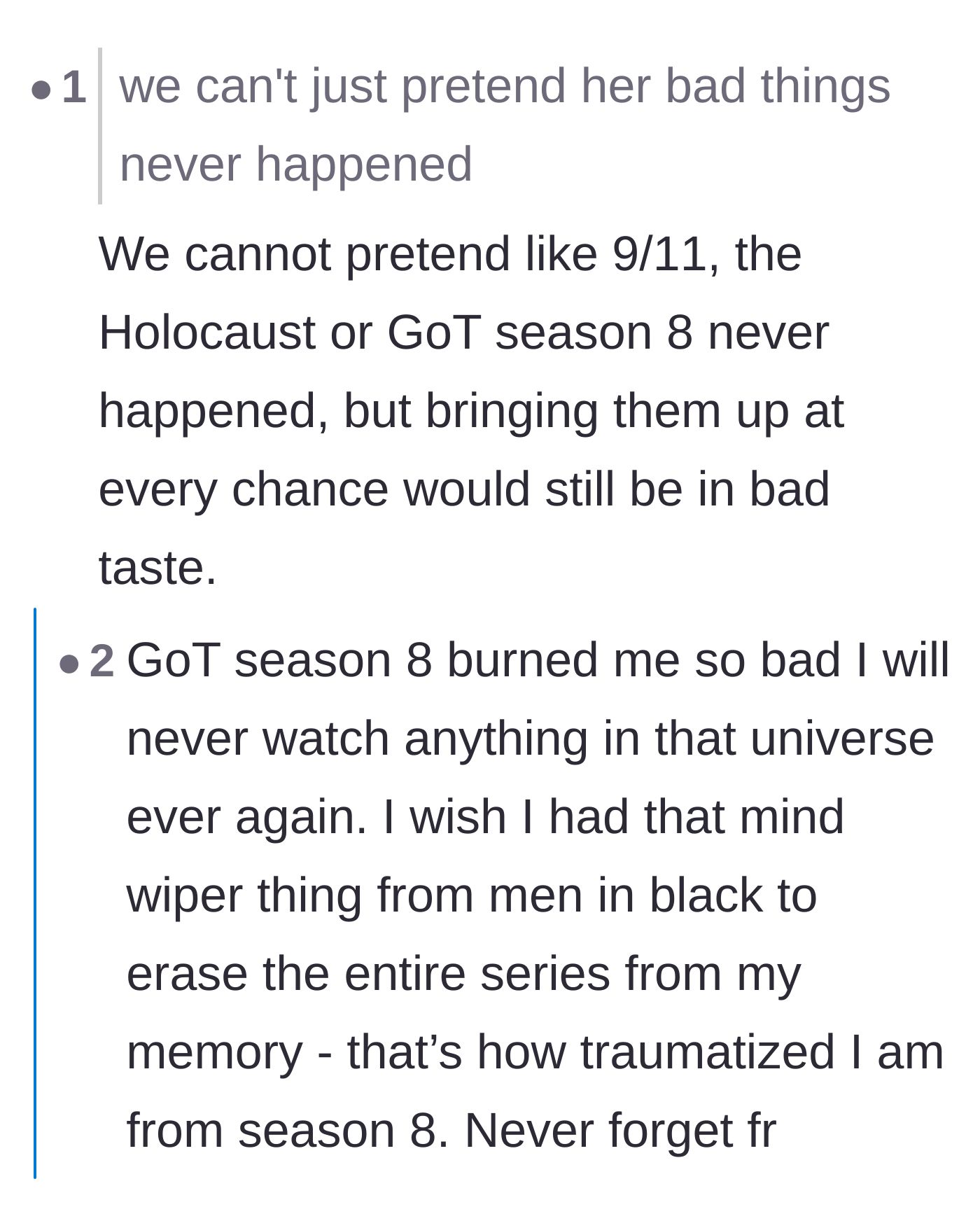 Comment thread 2 - A hilarious comparison between bringing up personal trauma and bringing up the universally traumatic Game of Thrones finale.