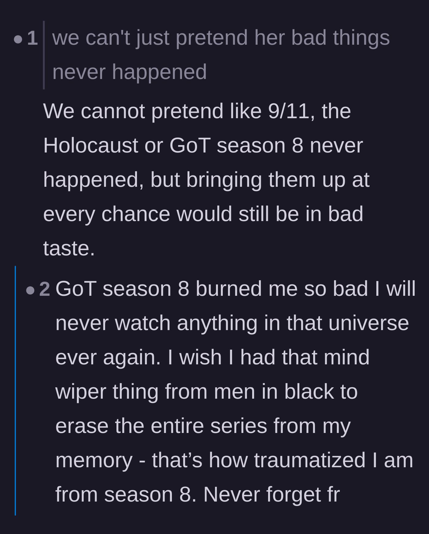 Comment thread 2 - A hilarious comparison between bringing up personal trauma and bringing up the universally traumatic Game of Thrones finale.
