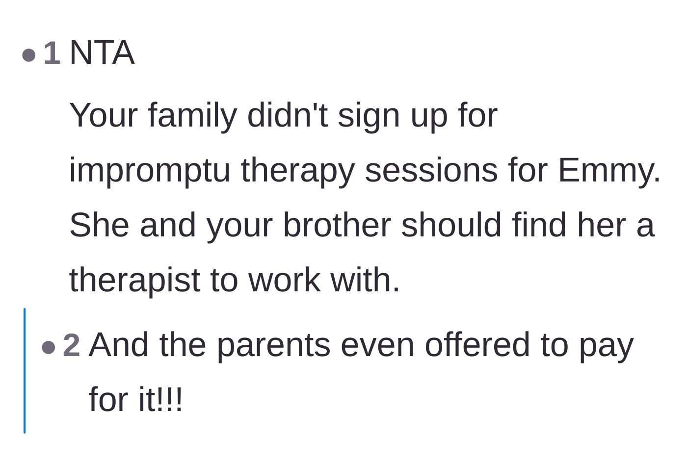 Comment thread 6 - Shock and praise for the parents generously offering to foot the bill for the girlfriend's therapy.