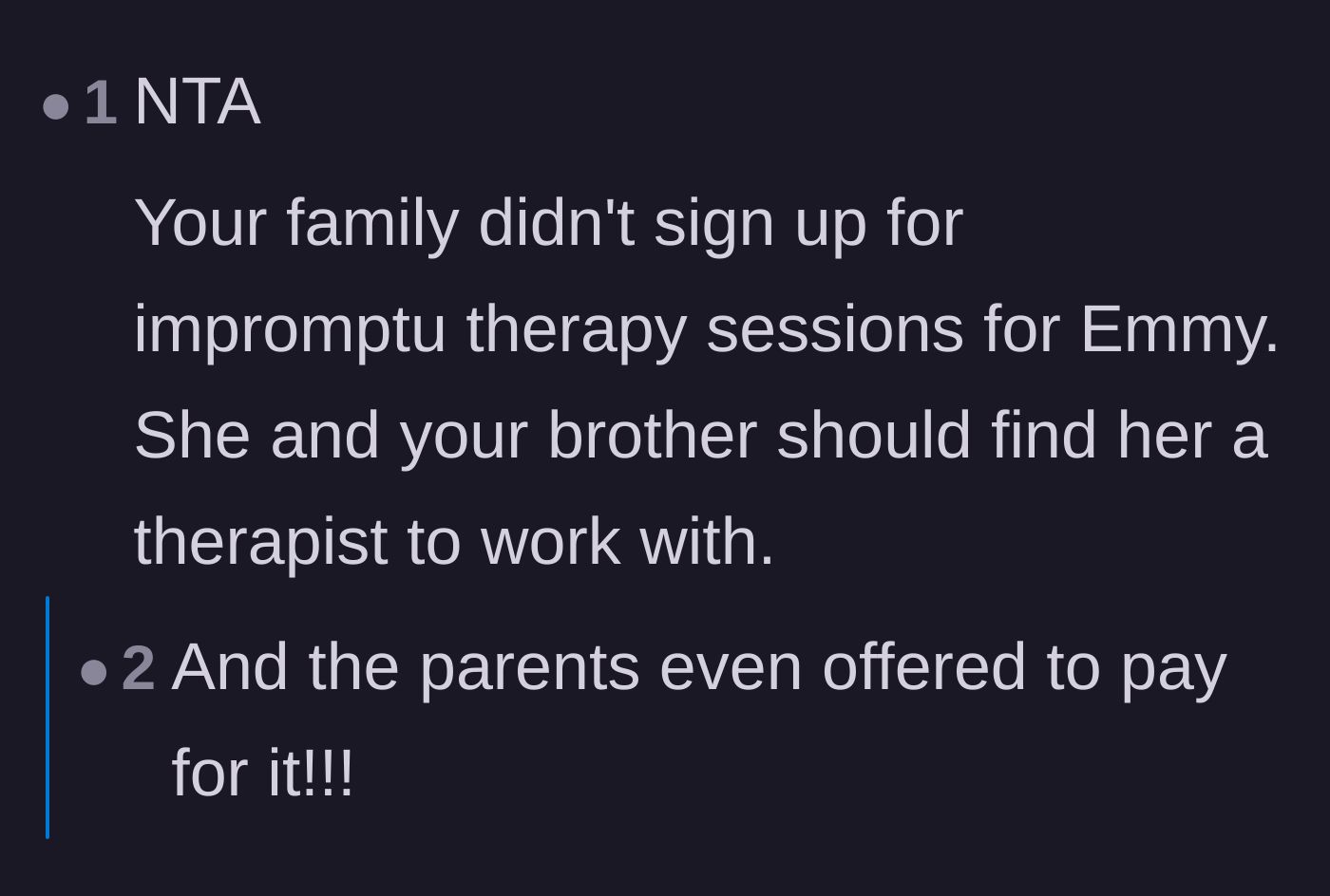 Comment thread 6 - Shock and praise for the parents generously offering to foot the bill for the girlfriend's therapy.