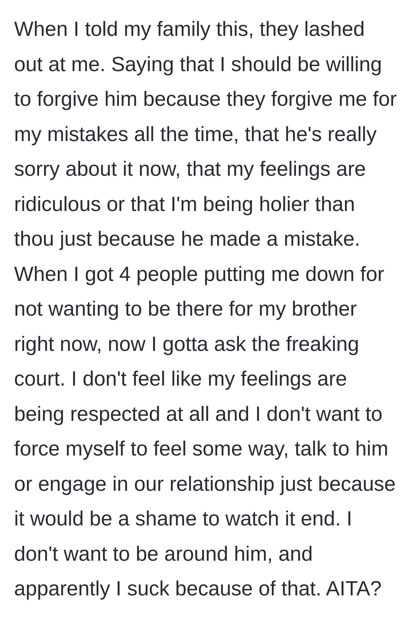 Story part 10 - The family guilt-trips the younger brother, demanding he forgive his abuser to keep the peace.