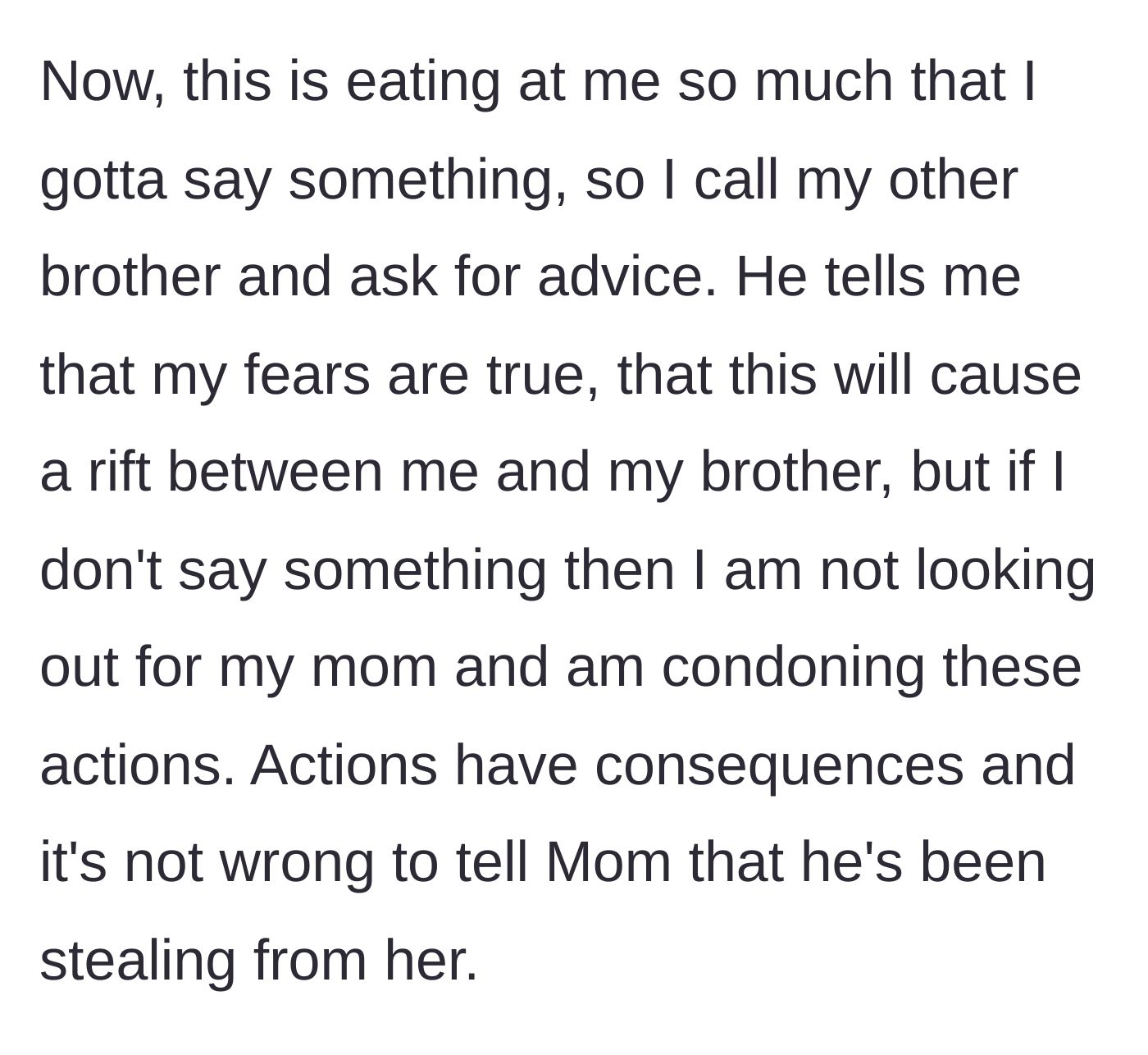 Story part 4 - Seeking advice from another brother, realizing that staying silent means failing to protect their mother.