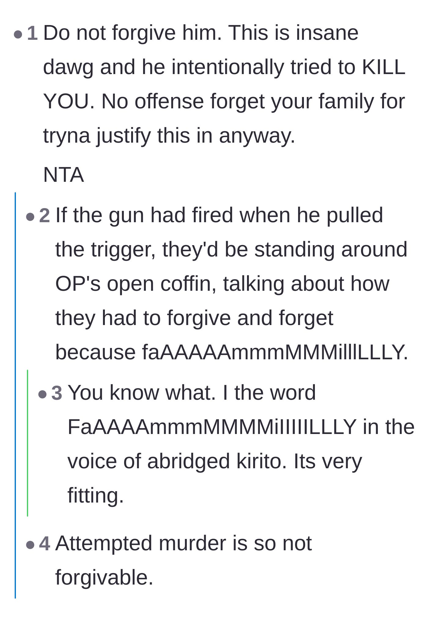 Comment thread 1 - Readers condemning the family for justifying attempted murder under the guise of loyalty.