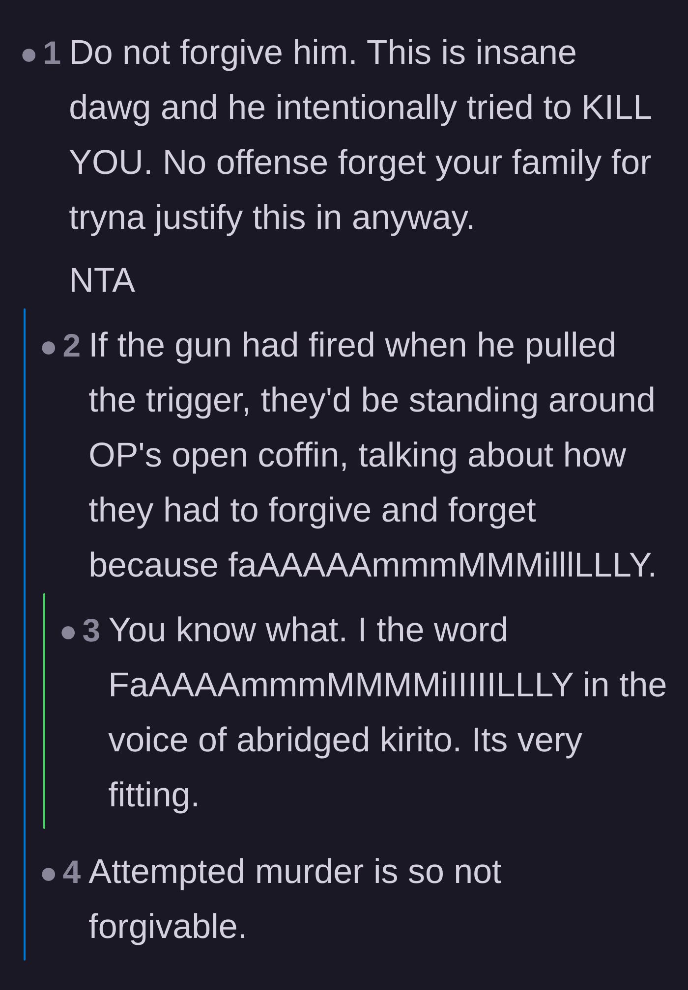 Comment thread 1 - Readers condemning the family for justifying attempted murder under the guise of loyalty.