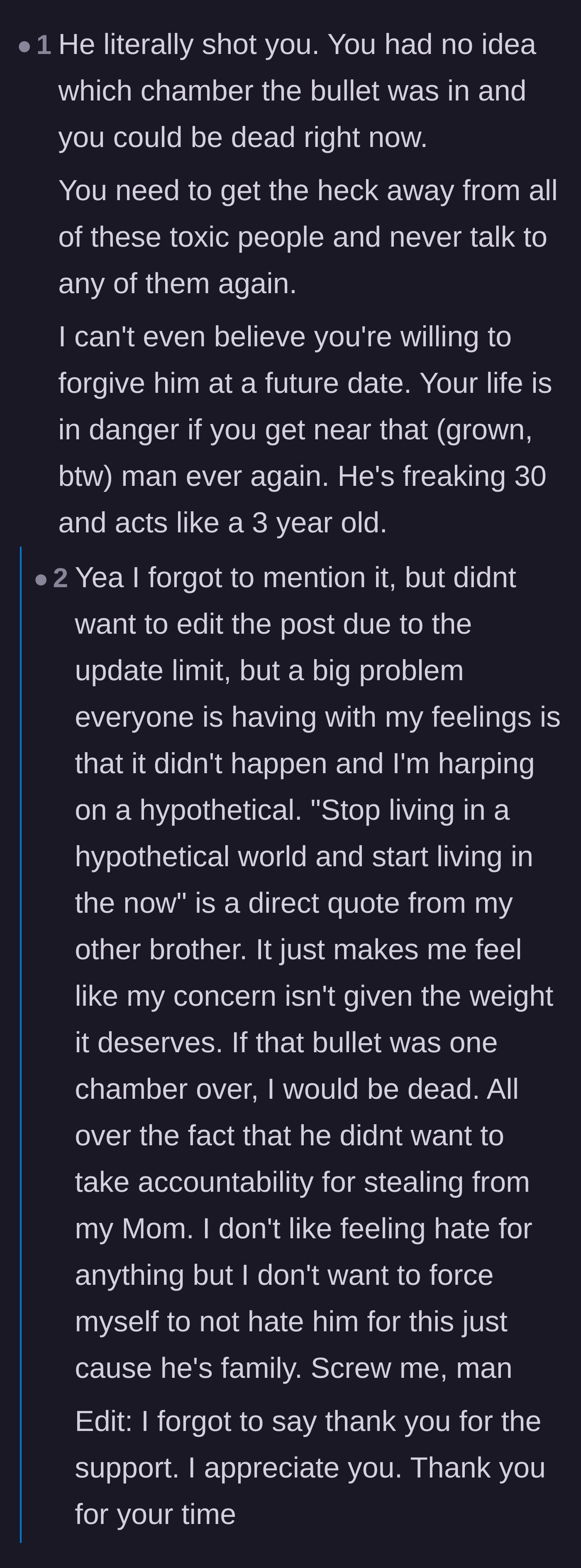 Comment thread 4 - Outrage over the family calling the attempted shooting a mere 'hypothetical' because the gun didn't fire.