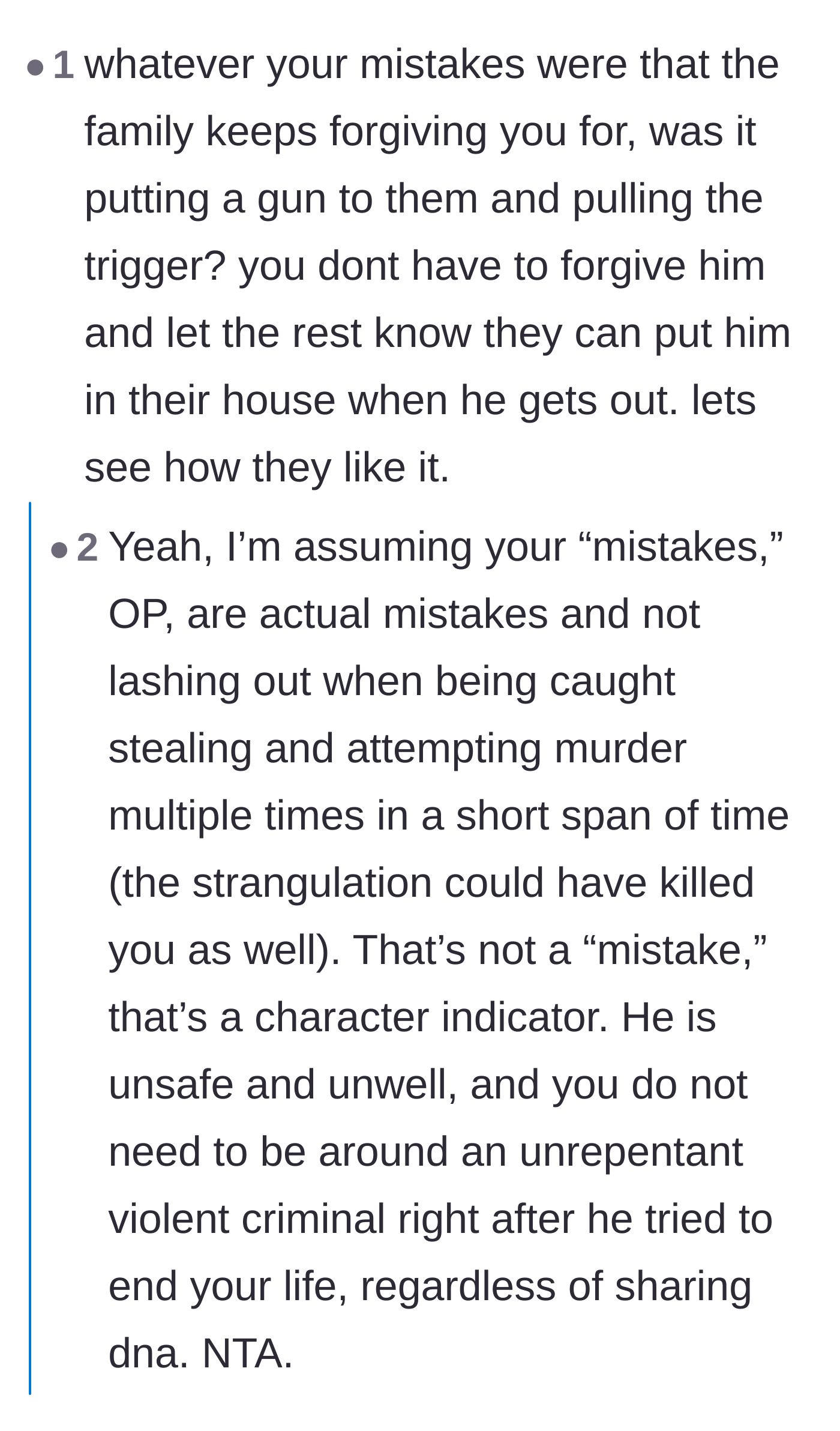 Comment thread 5 - A comparison between the author's normal past mistakes and the brother's literal murder attempt.