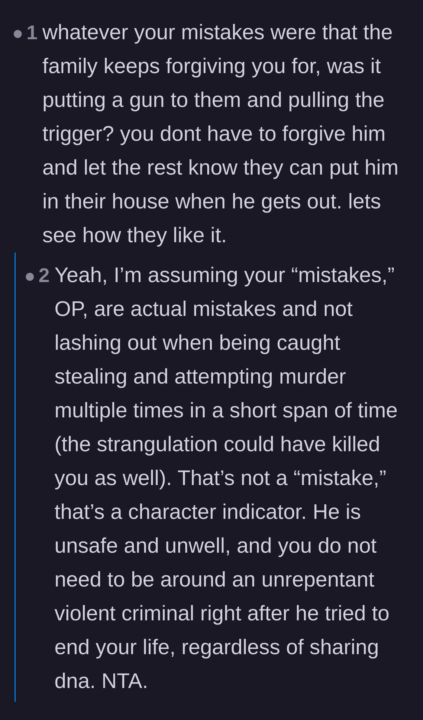 Comment thread 5 - A comparison between the author's normal past mistakes and the brother's literal murder attempt.