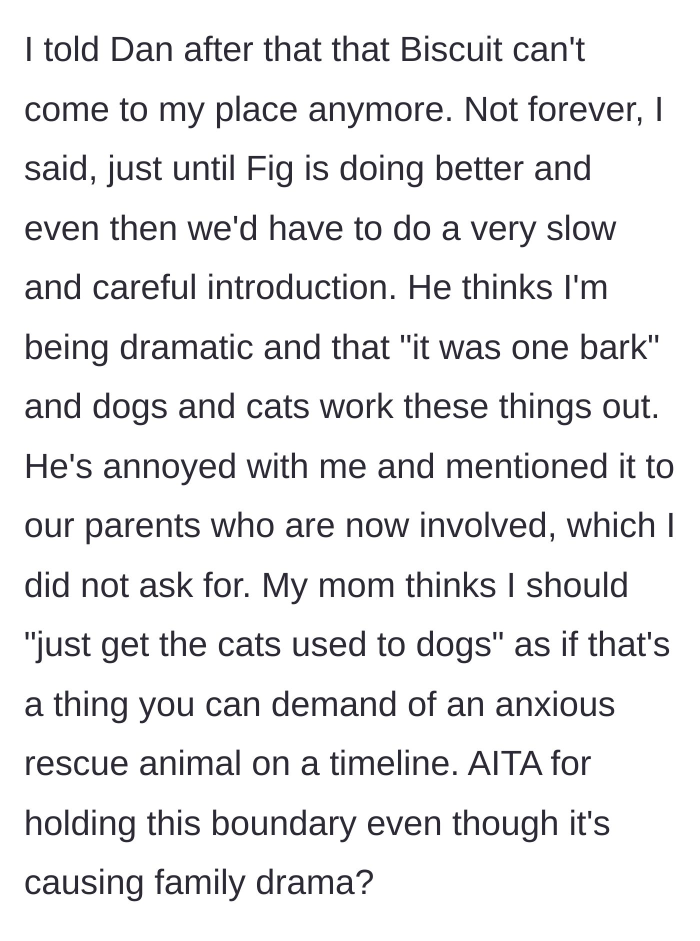 Story part 3 - The sister temporarily bans the dog until her cat recovers, prompting her brother to call her dramatic and enlist their mother to pressure her into relenting.