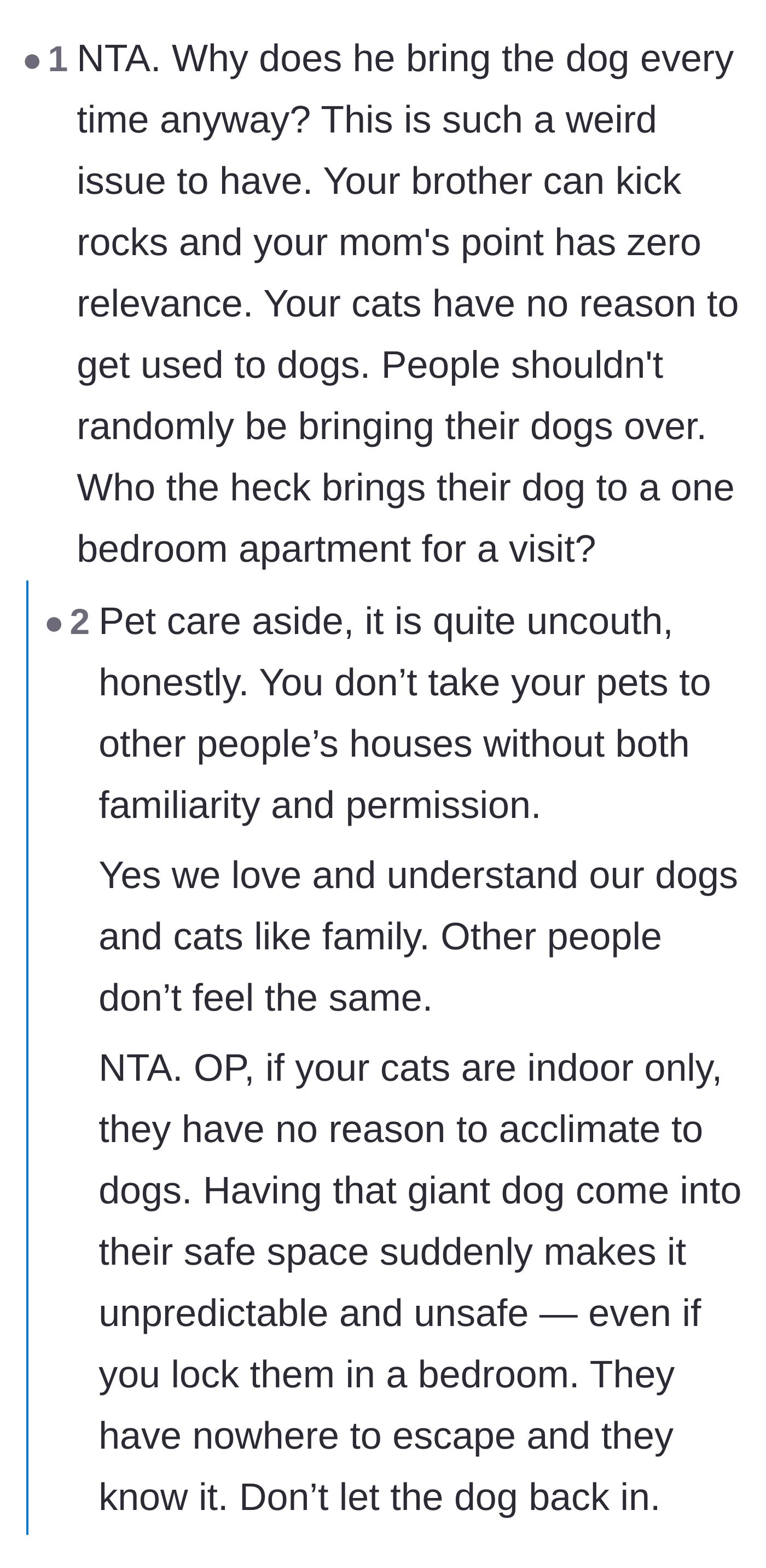 Comment thread 1 - Readers question why anyone brings a large dog to a one-bedroom apartment and discuss how multi-pet households protect cats' safe spaces