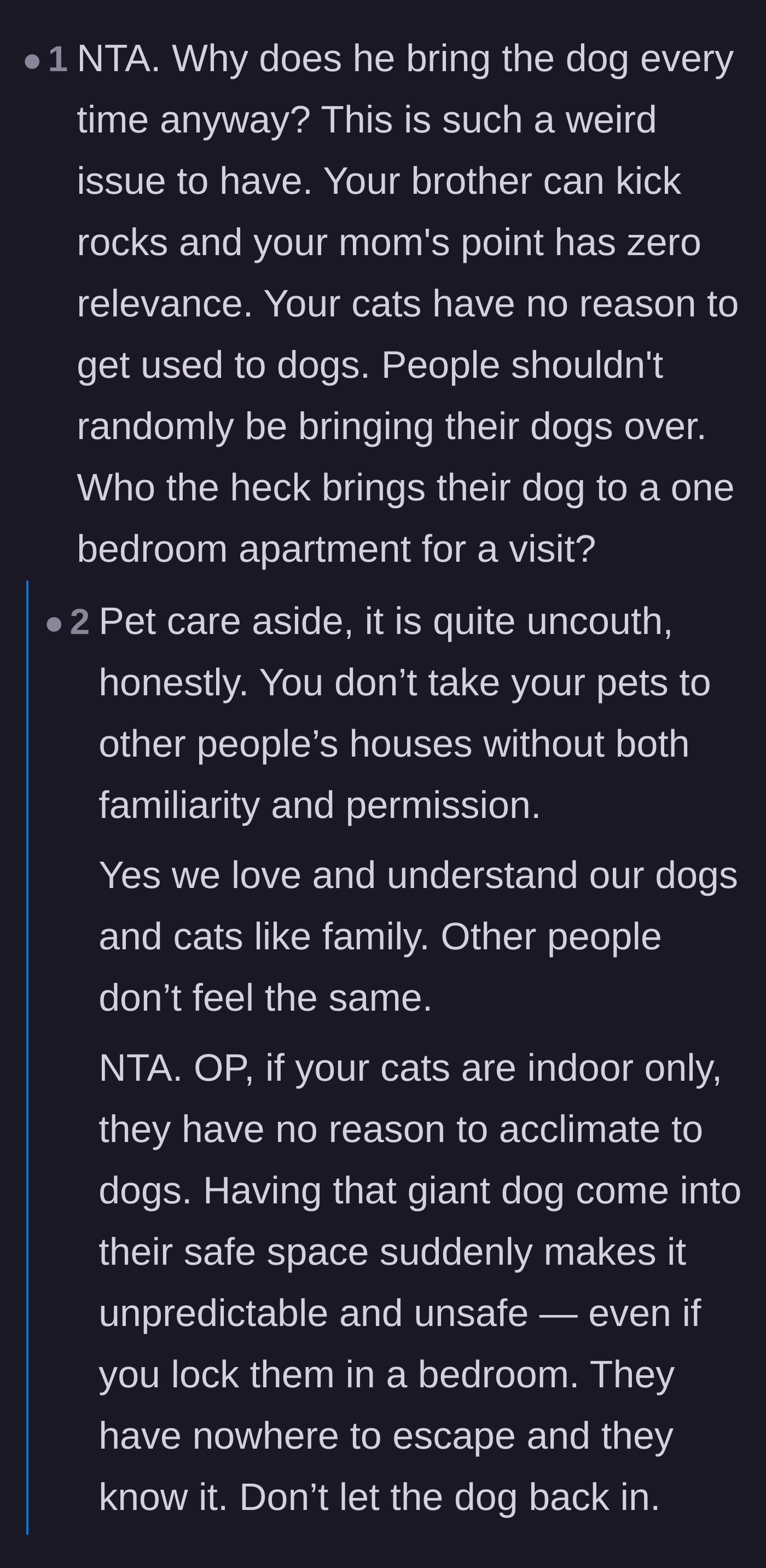 Comment thread 1 - Readers question why anyone brings a large dog to a one-bedroom apartment and discuss how multi-pet households protect cats' safe spaces