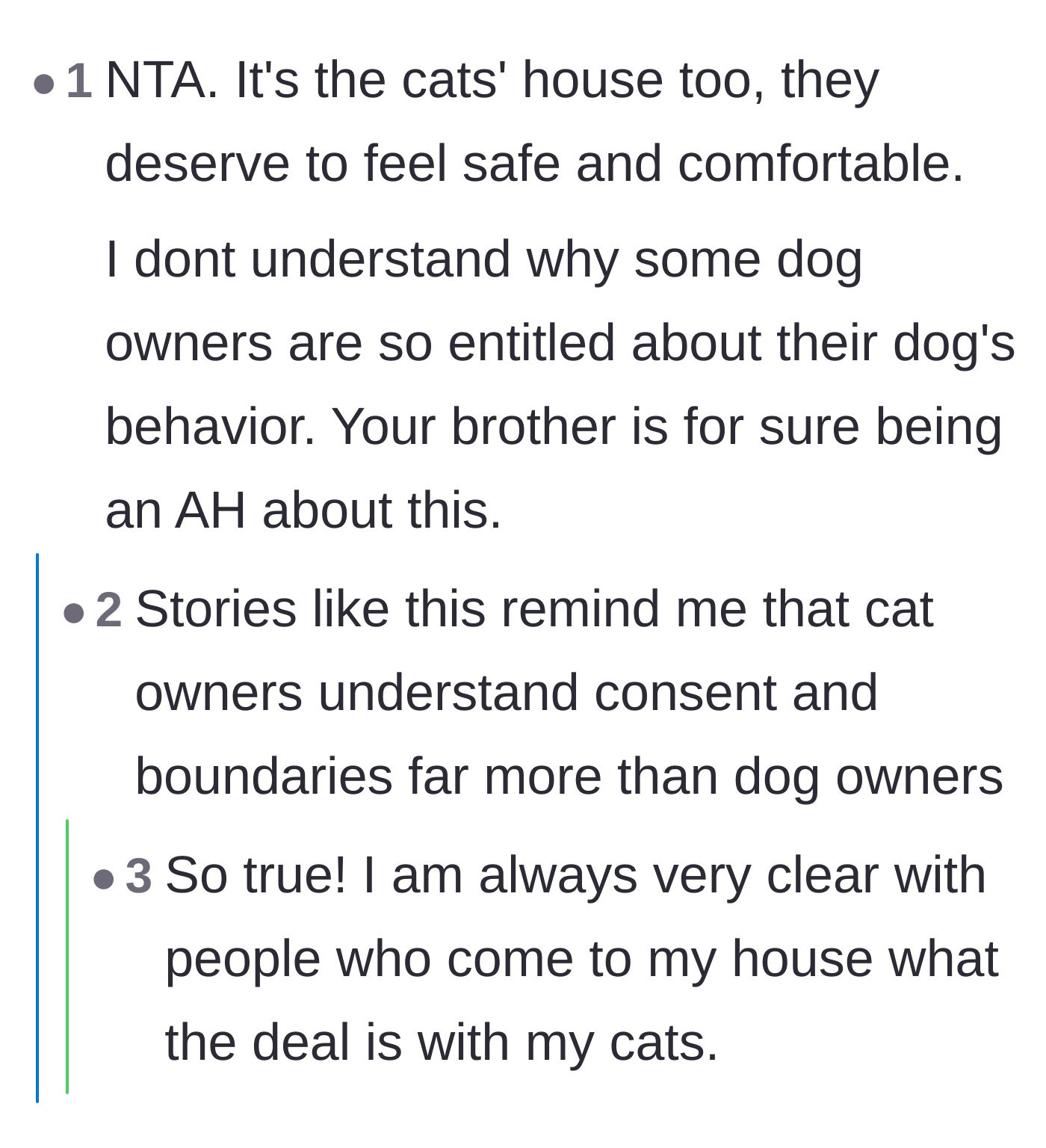 Comment thread 3 - Discussion on how the apartment belongs to the cats too and how cat owners view boundaries and consent
