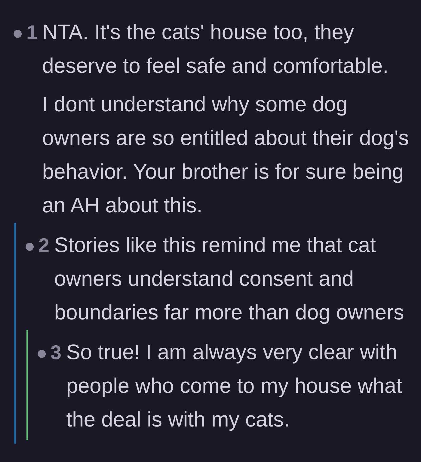 Comment thread 3 - Discussion on how the apartment belongs to the cats too and how cat owners view boundaries and consent