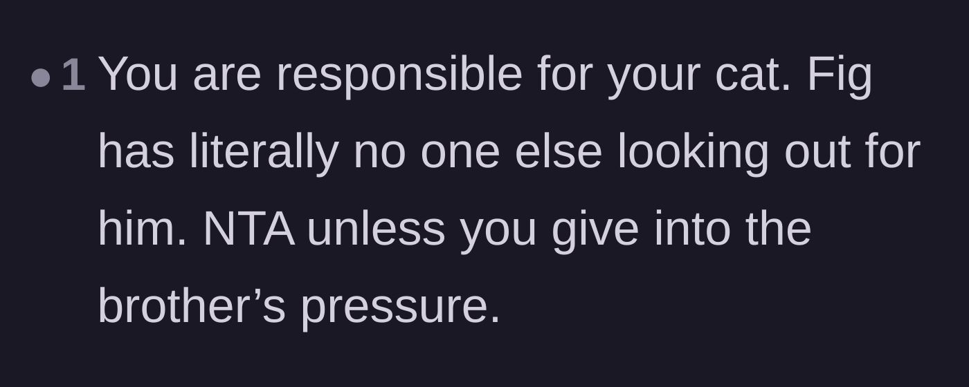 Comment thread 5 - A short reminder that the sister is her cat's only protector and must not cave to family pressure