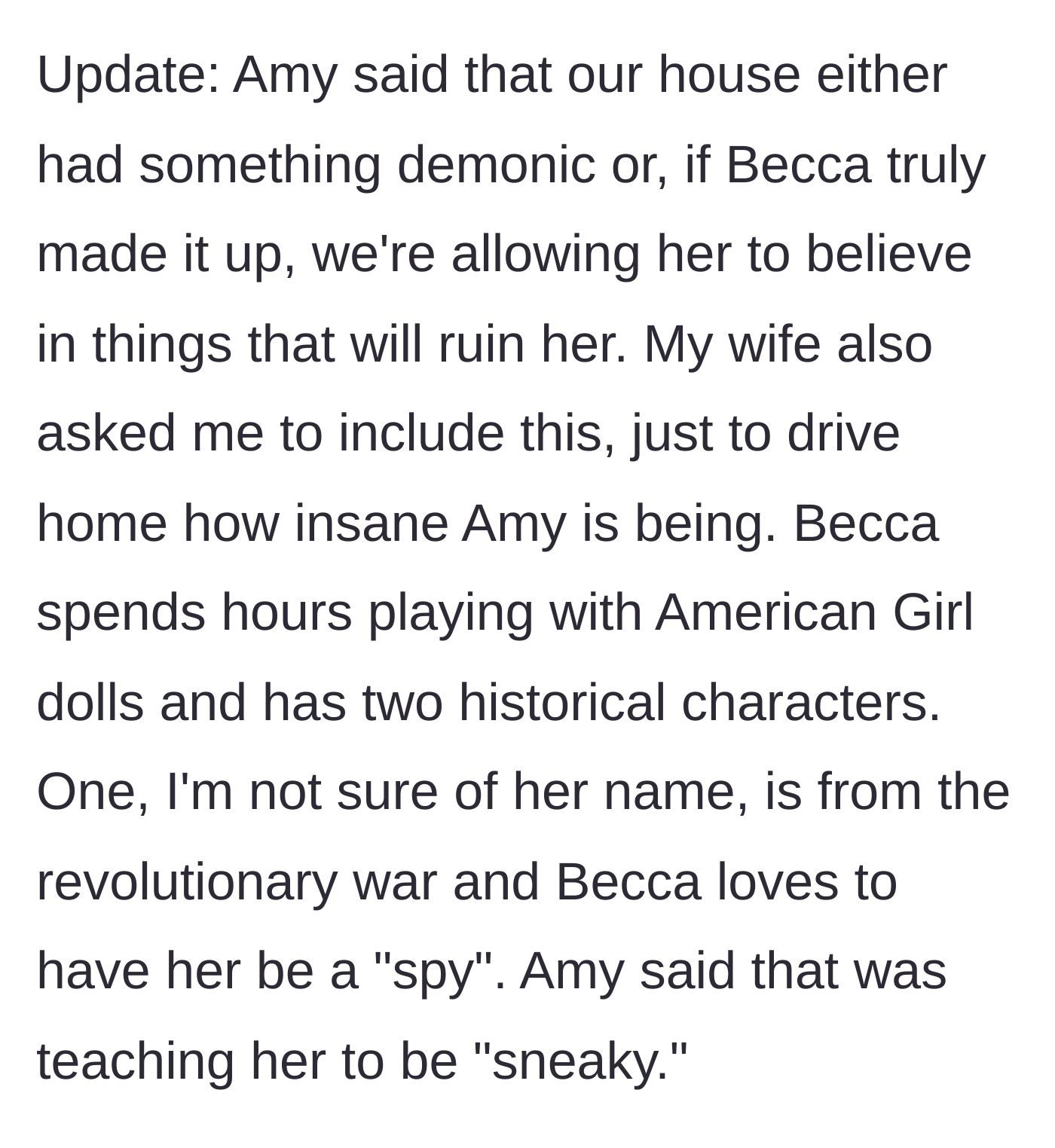 Story part 5 - A hilarious update revealing the girlfriend's ridiculous claim that a historical American Girl doll teaches sneakiness.