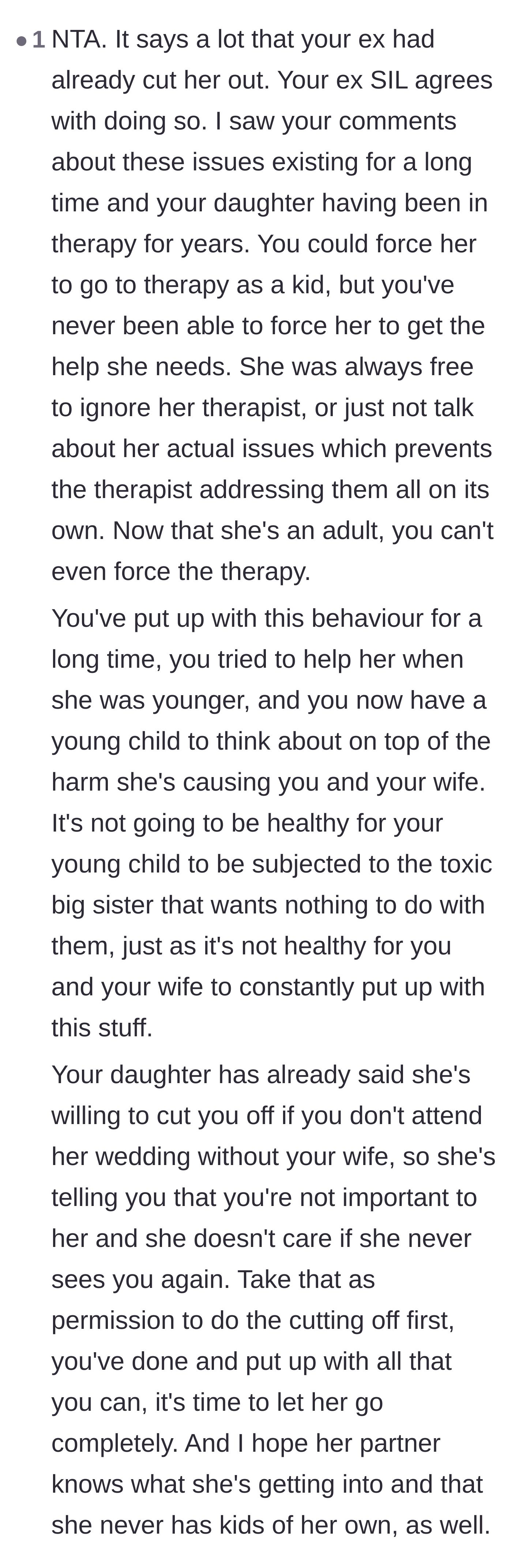 Comment thread 3 - A user pointing out that the daughter's ultimatum is permission to cut her off, and that the dad must protect his new baby.