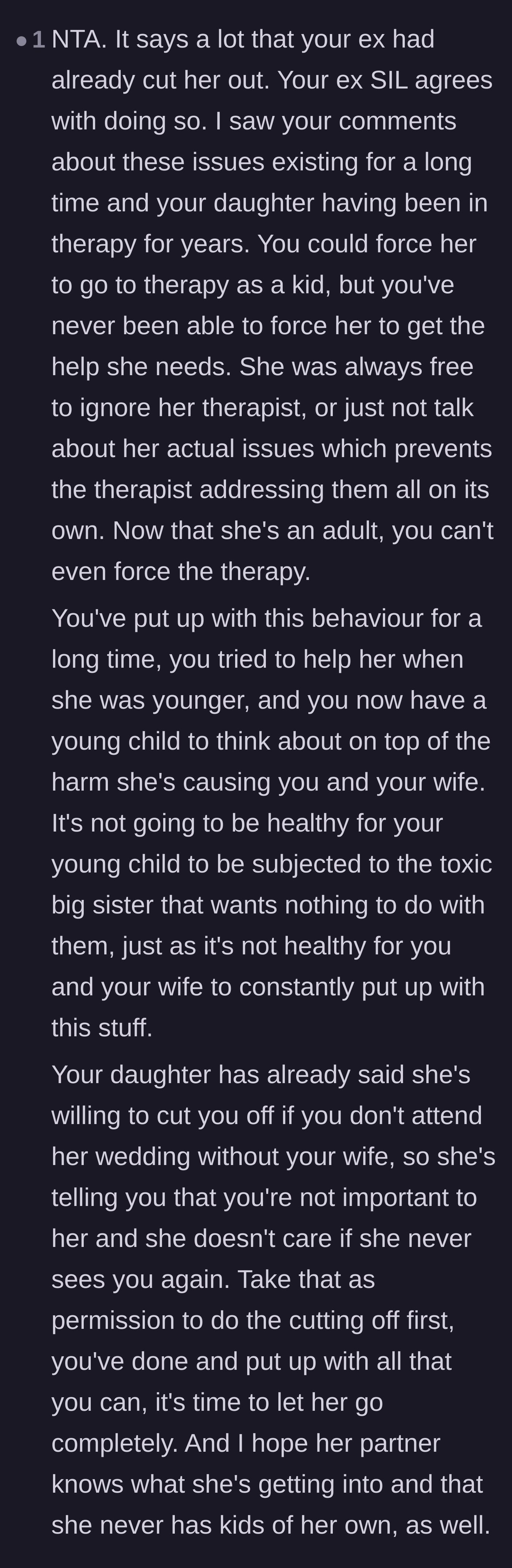 Comment thread 3 - A user pointing out that the daughter's ultimatum is permission to cut her off, and that the dad must protect his new baby.
