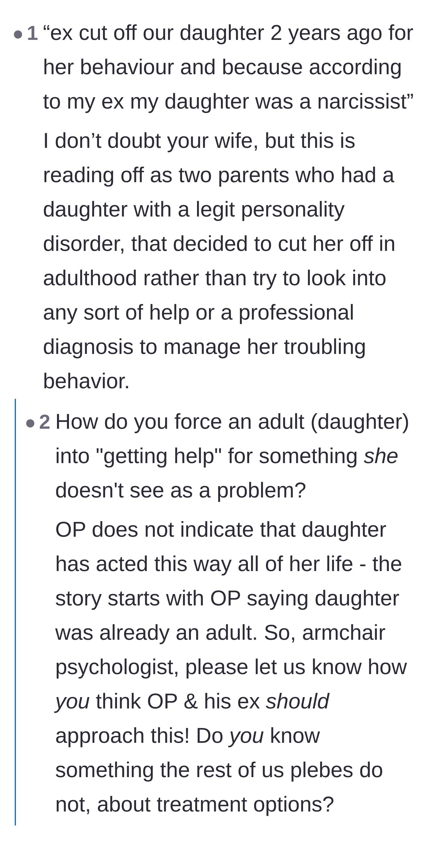 Comment thread 4 - A user trying to blame the parents for not forcing the daughter into treatment, getting shut down by replies explaining she is a 26-year-old adult.