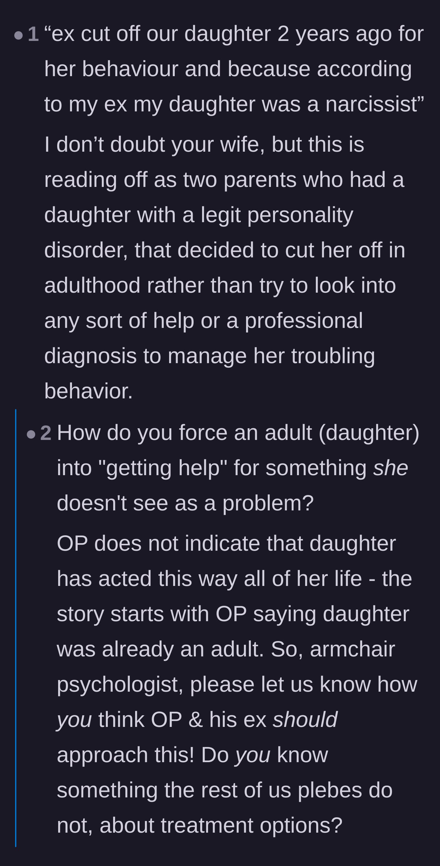 Comment thread 4 - A user trying to blame the parents for not forcing the daughter into treatment, getting shut down by replies explaining she is a 26-year-old adult.