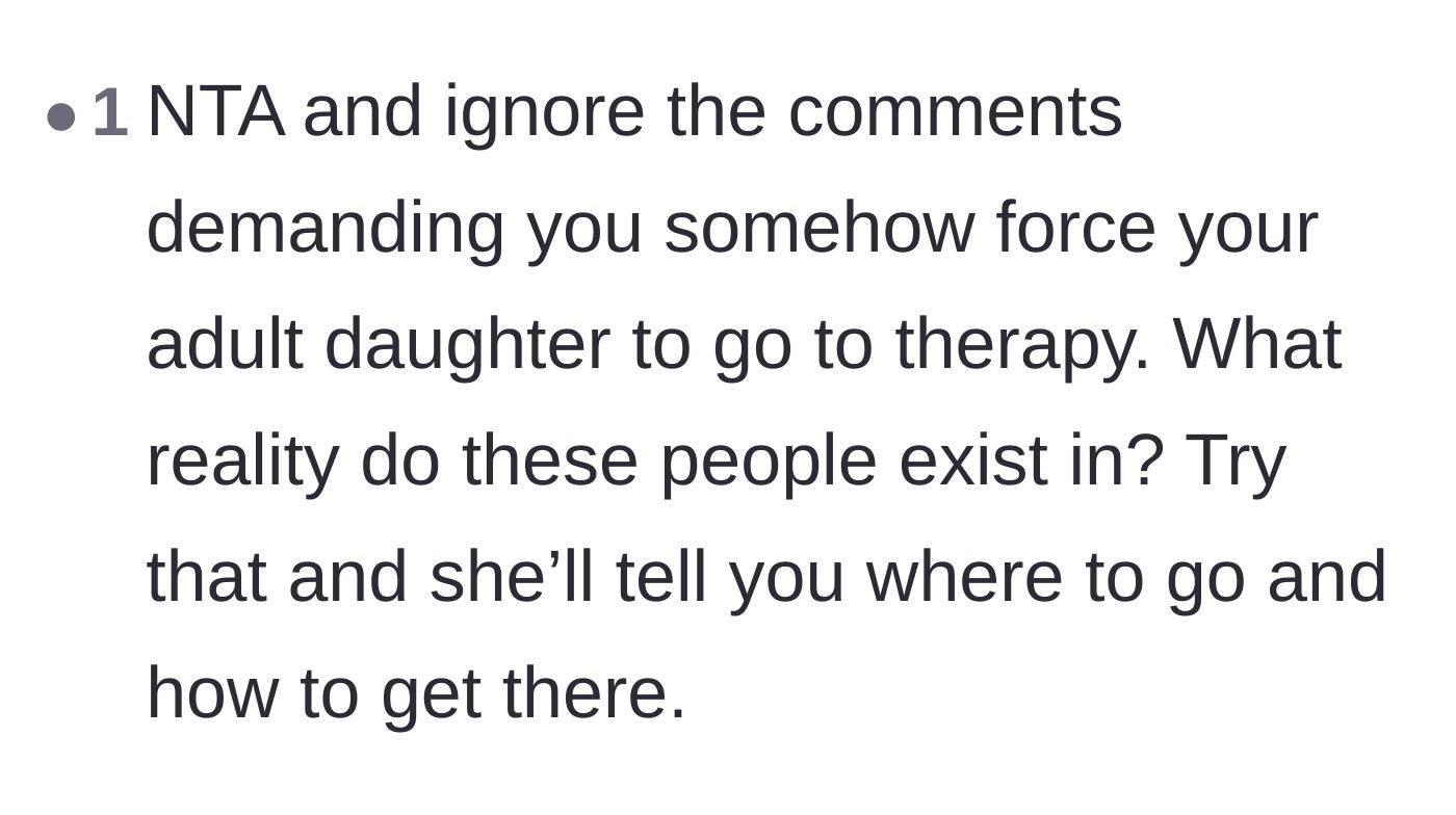 Comment thread 5 - A user mocking the idea that anyone can force an adult child into therapy.