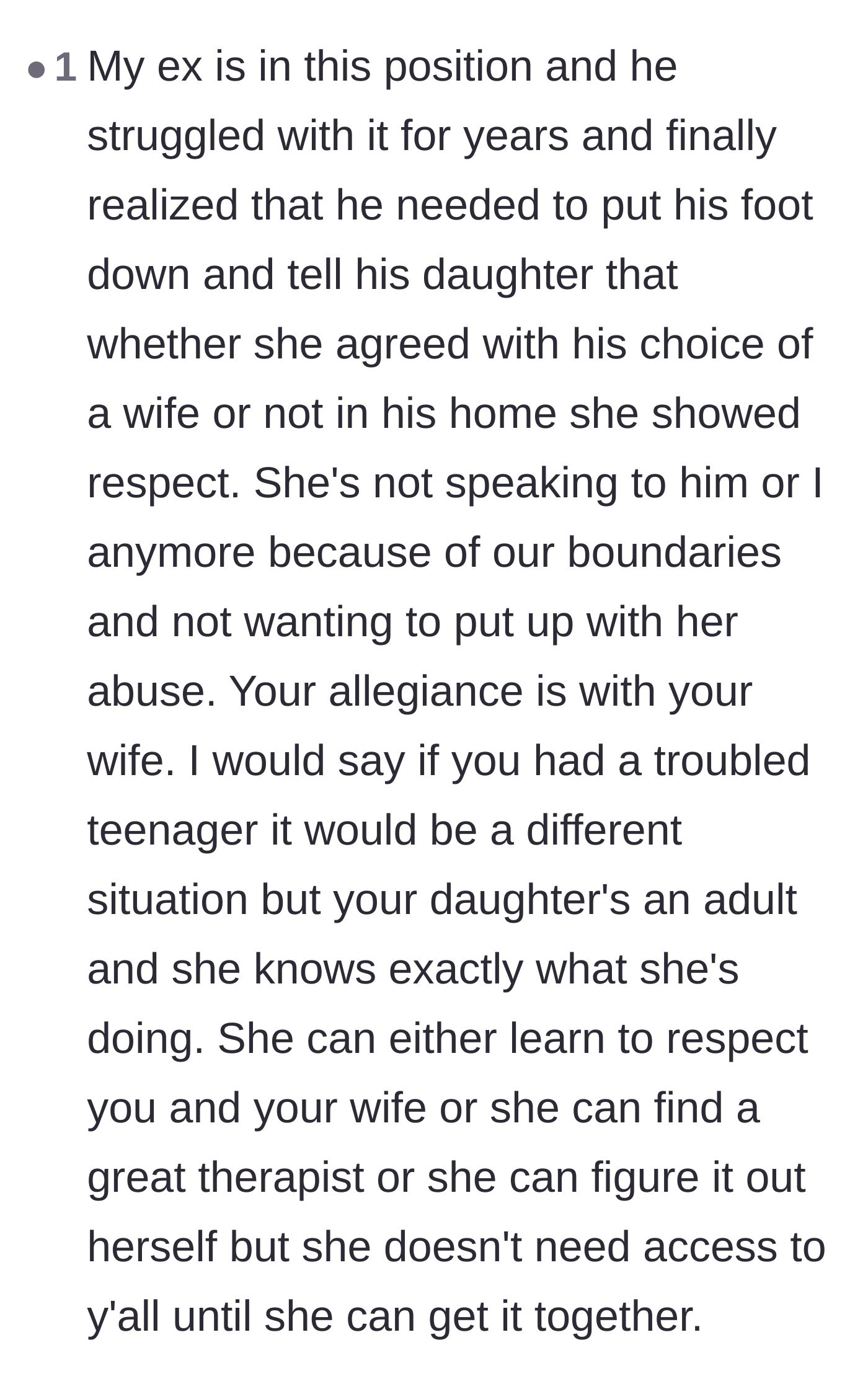 Comment thread 6 - A step-parent sharing how their husband finally set boundaries with his abusive adult daughter.