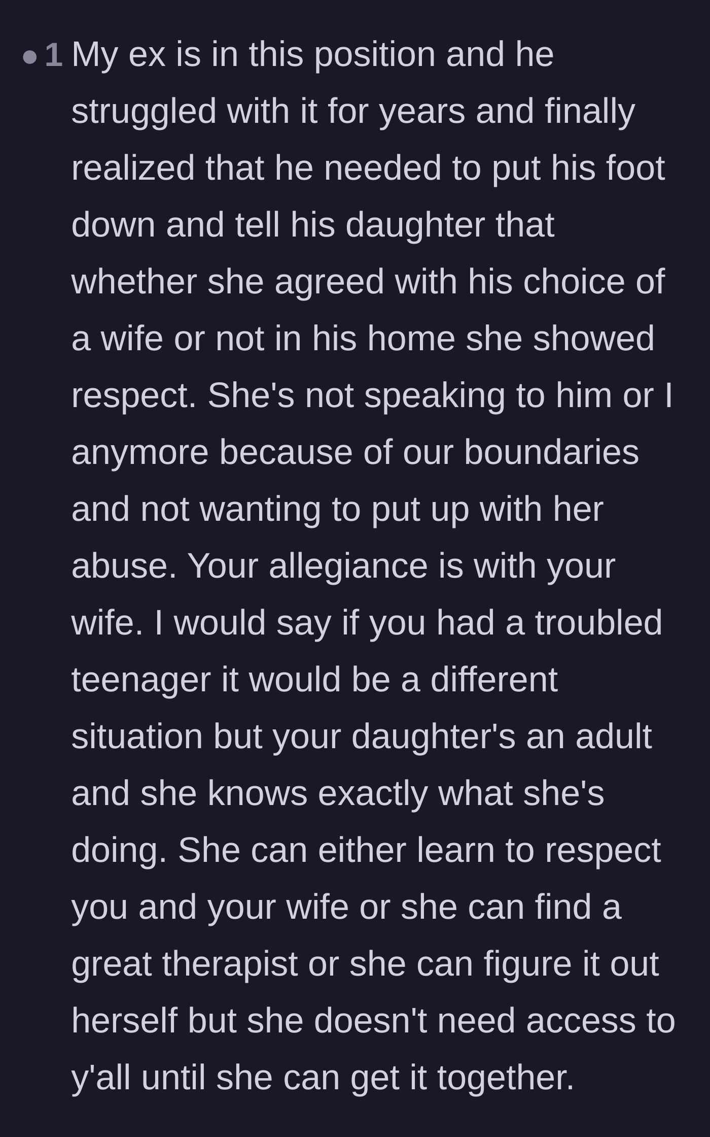 Comment thread 6 - A step-parent sharing how their husband finally set boundaries with his abusive adult daughter.