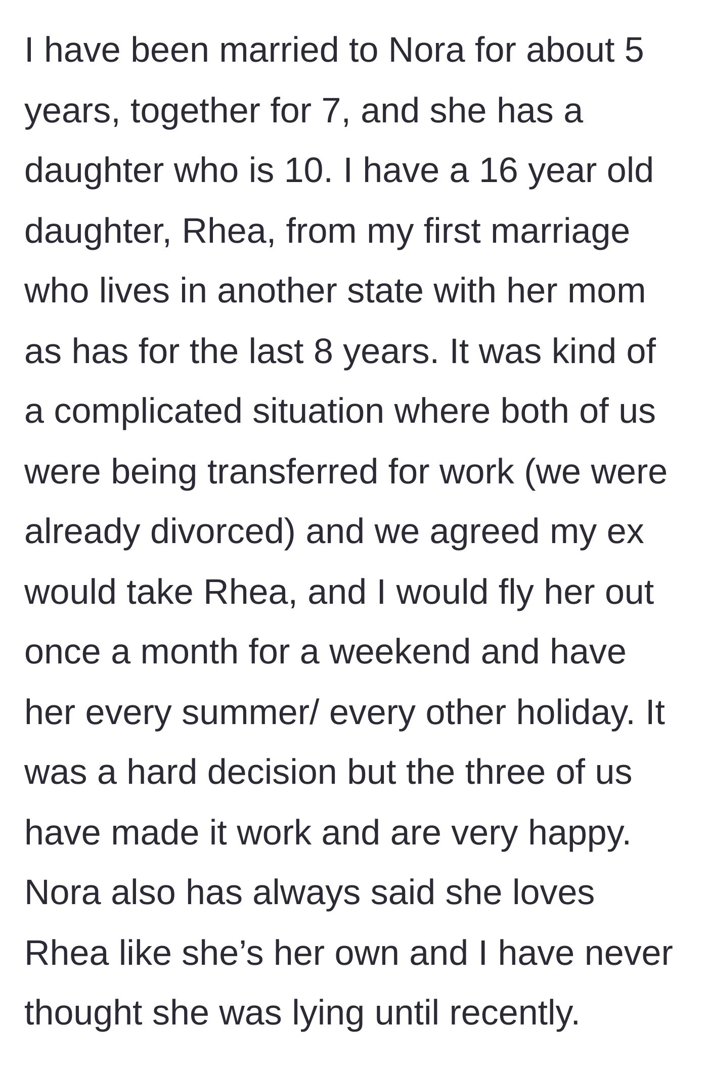 Story part 1 - A father explains his blended family setup, sharing custody of his teenage daughter while living with his wife and stepdaughter.
